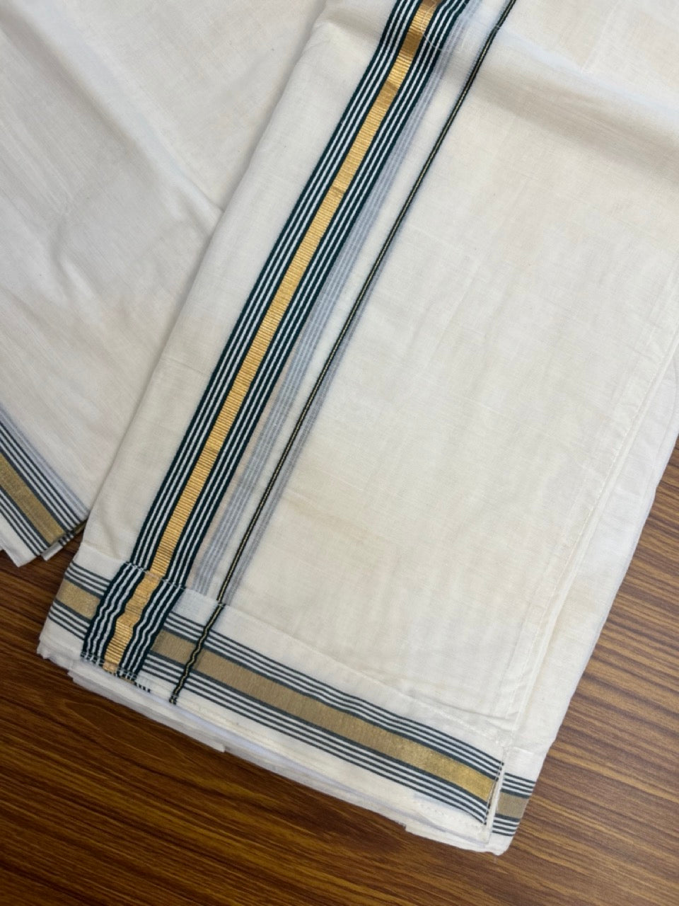 20% Discount ! KaithariKada Balaramapuram Mixed Cotton Double Off white - (Ubleached) Mundu/Dhoti VELCRO Mundu/Dhoti - (80s) - 1 inch Gold Kasavu & Dark Green Striped kara 4mtr (8.5 muzham) - 4 KK5284 PMC