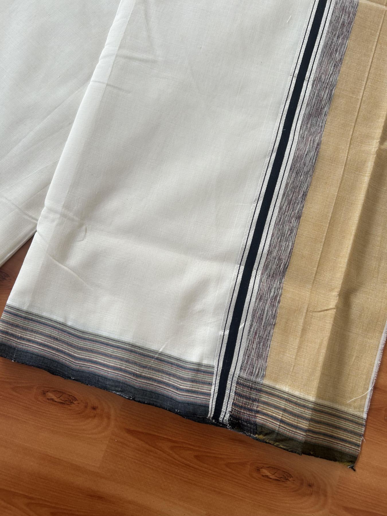 25% Discount! KaithariKada Handloom Unakkupaav Kerala Handloom - 100% Pure Cotton Off White - (Unbleached) Double Mundu/Dothi - 100 x 80 - 4.5 inch Silver Kasav Cinnamon Brown & Black,Multi Colour Side Striped Kara 4.00 meter (8.5 muzham) - 10 KK5390 REA