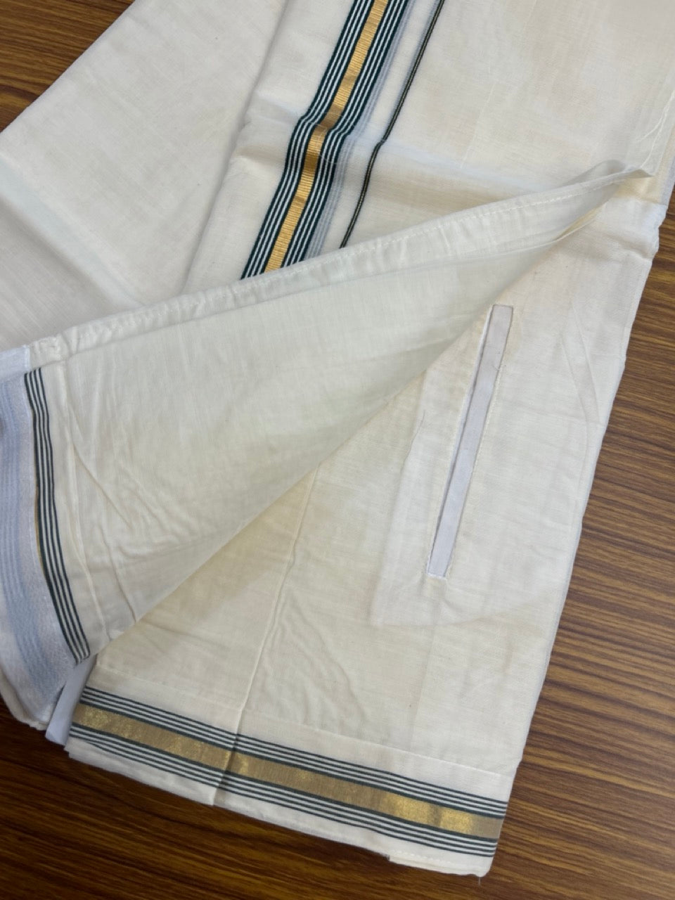 20% Discount ! KaithariKada Balaramapuram Mixed Cotton Double Off white - (Ubleached) Mundu/Dhoti VELCRO Mundu/Dhoti - (80s) - 1 inch Gold Kasavu & Dark Green Striped kara 4mtr (8.5 muzham) - 4 KK5284 PMC
