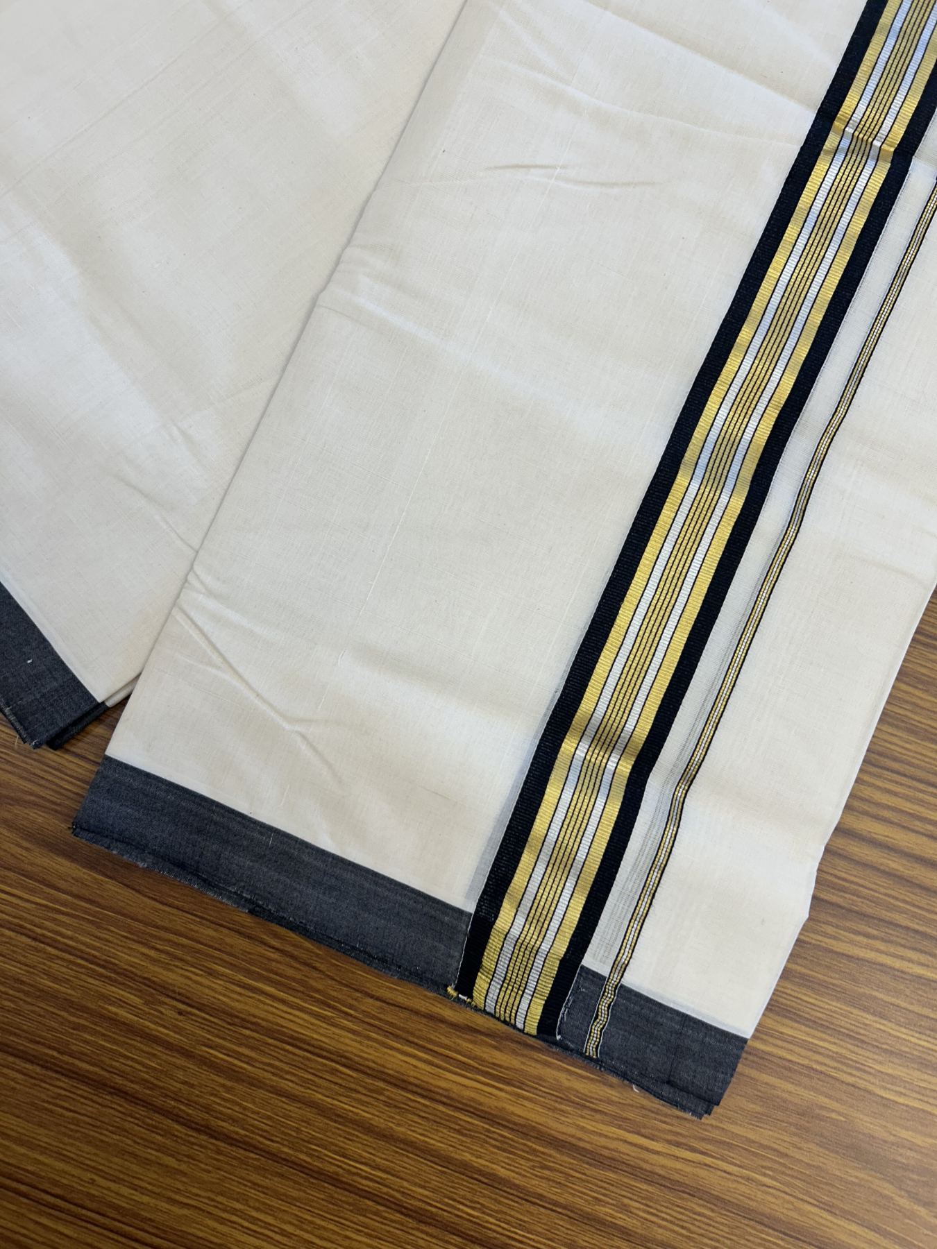 25% Discount ! Kaitharikada Handloom Millpaav Balaramapuram - 100% Pure Cotton Off White - (Unbleached) Double Mundu/Dhoti - 80x90 - 1.75 inch Gold Kasav & Silver Kasav Black Striped Kara 4 mtr (8.5 Muzham) - 6 KK5320 RAM