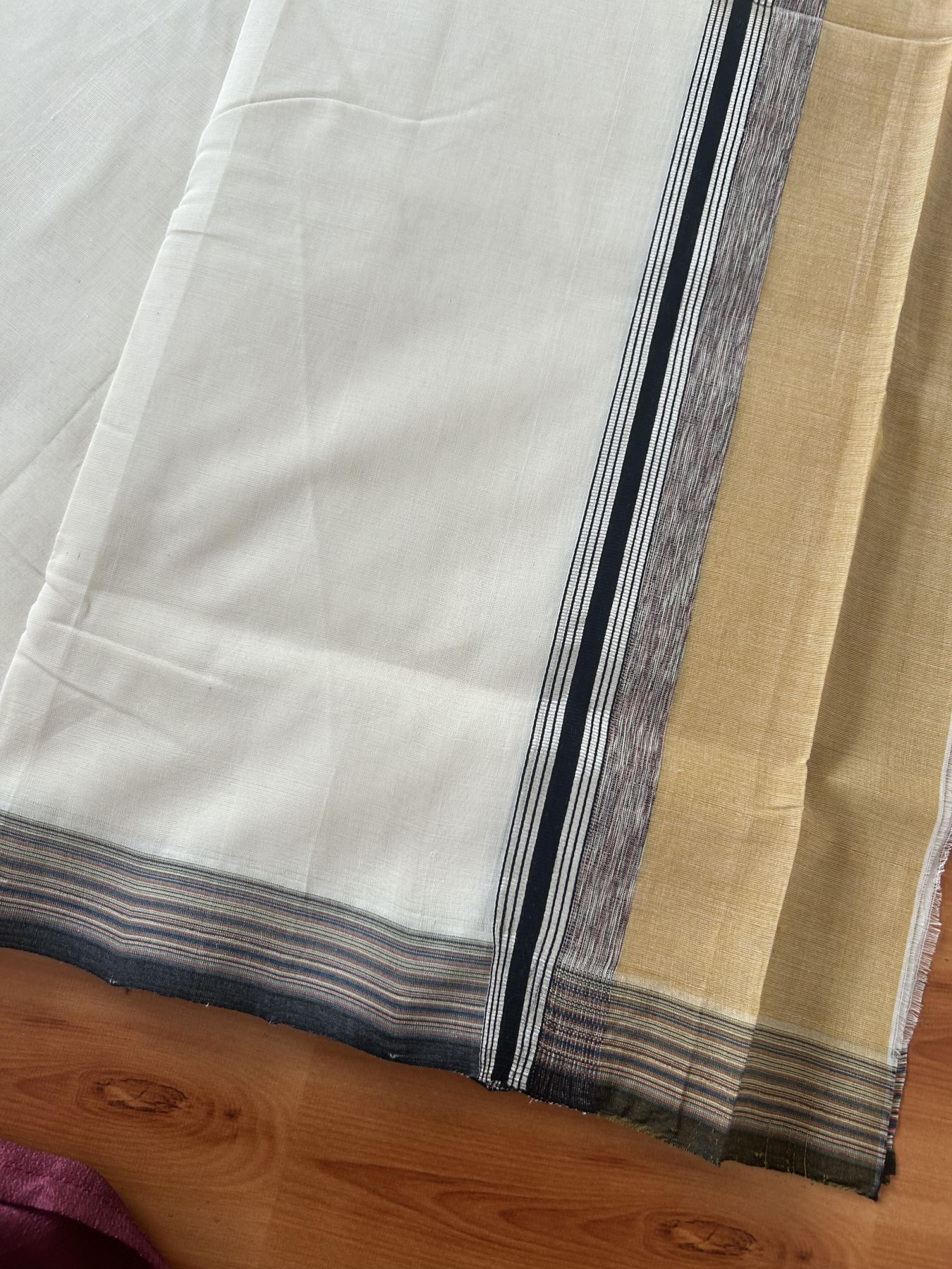 25% Discount! KaithariKada Handloom Unakkupaav Kerala Handloom - 100% Pure Cotton Off White - (Unbleached) Double Mundu/Dothi - 100 x 80 - 5.5 inch Silver Kasav Cinnamon Brown & Black,Multi Colour Side Striped Kara 4.00 meter (8.5 muzham) - 11 KK5390 REA