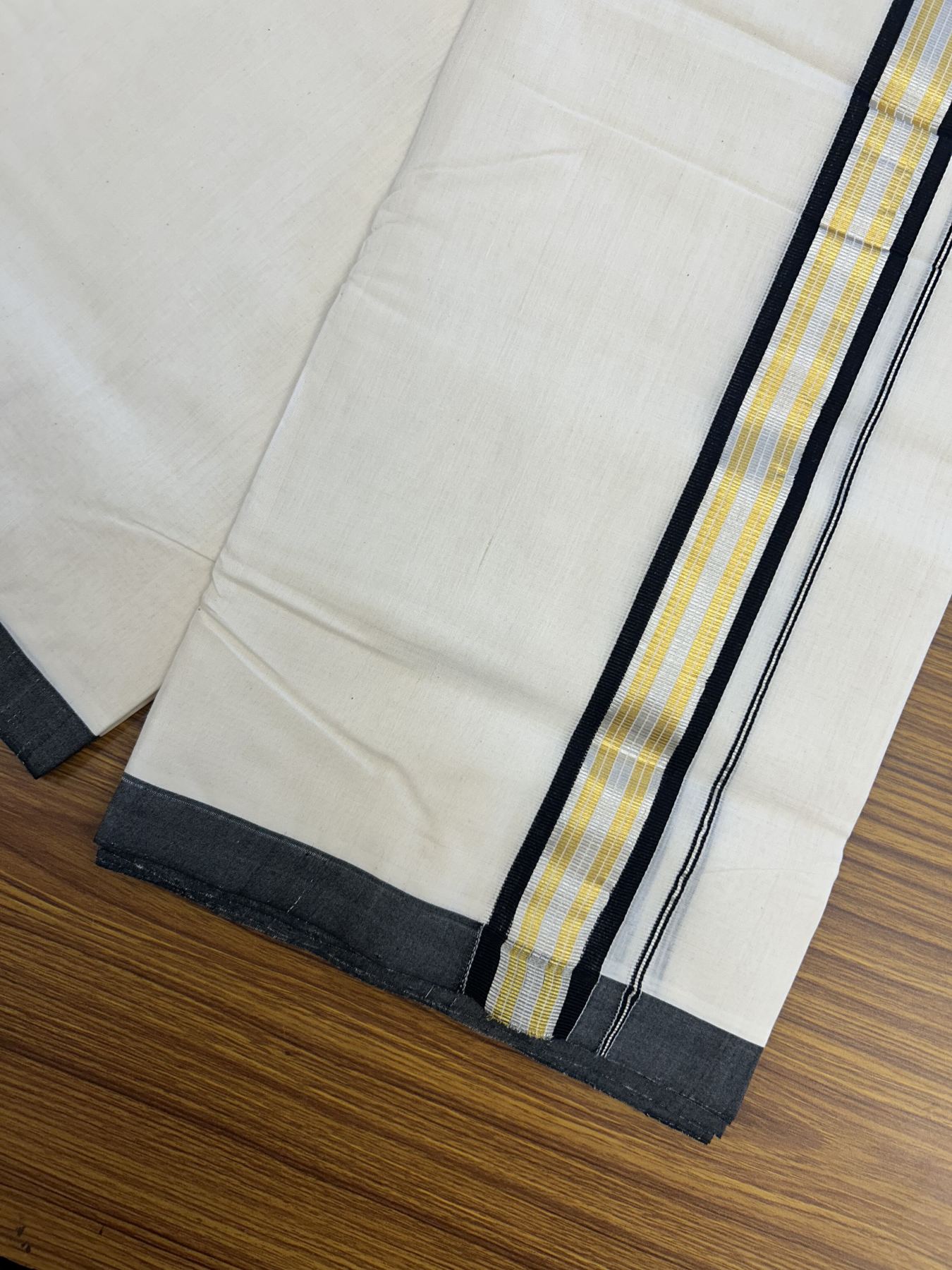 25% Discount ! Kaitharikada Handloom Millpaav Balaramapuram - 100% Pure Cotton Off White - (Unbleached) Double Mundu/Dhoti - 80x90 - 1.75 inch Gold Kasav & Silver Kasav Black Striped Kara 4 mtr (8.5 Muzham) - 7 KK5320 RAM