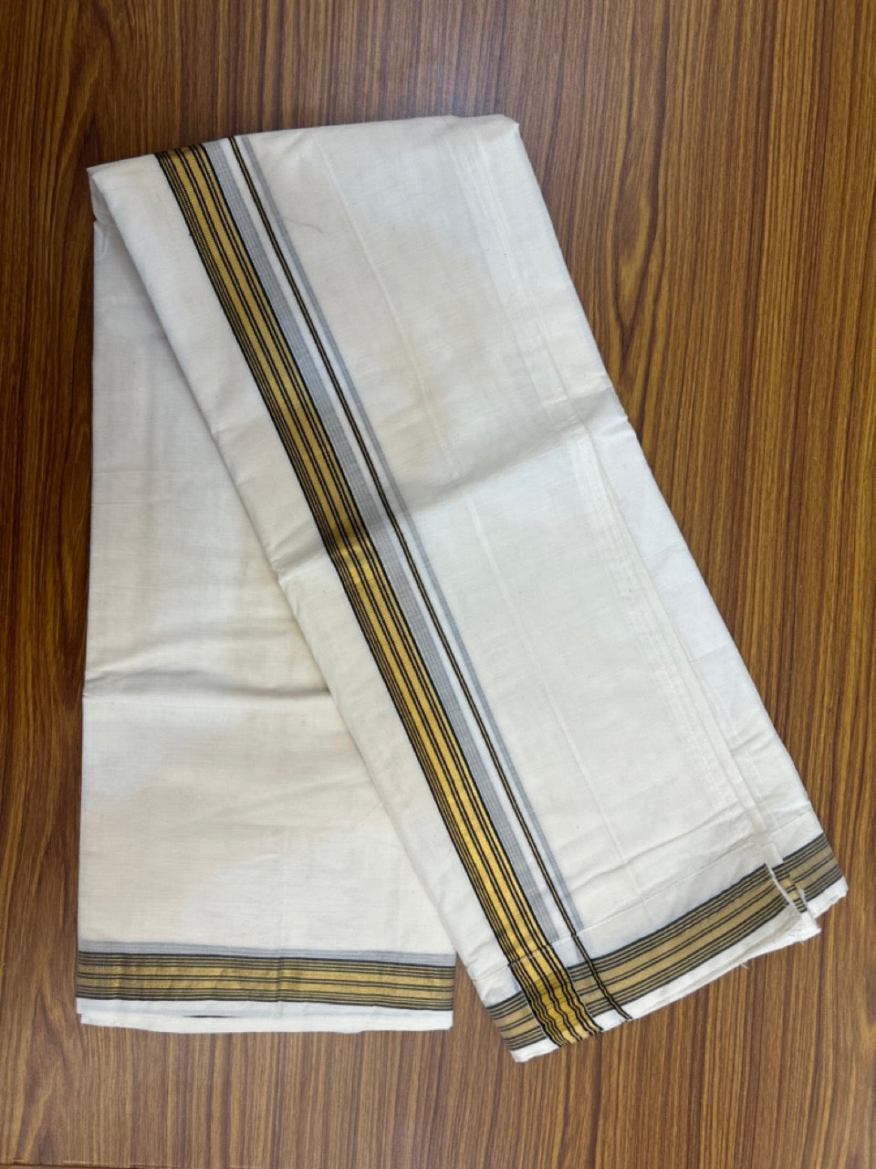 20% Discount ! KaithariKada Balaramapuram Mixed Cotton Double Off white - (Ubleached) Mundu/Dhoti VELCRO Mundu/Dhoti - (80s) - 1 inch Gold Kasavu & Black Striped kara 4mtr (8.5 muzham) - 6 KK5284 PMC