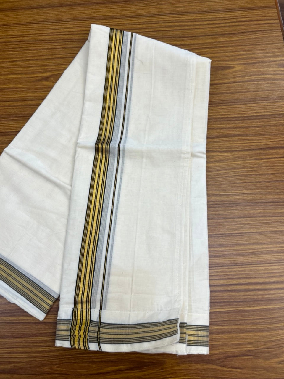 20% Discount ! KaithariKada Balaramapuram Mixed Cotton Double Off white - (Ubleached) Mundu/Dhoti VELCRO Mundu/Dhoti - (80s) - 1 inch Gold Kasavu & Black Striped kara 4mtr (8.5 muzham) - 6 KK5284 PMC