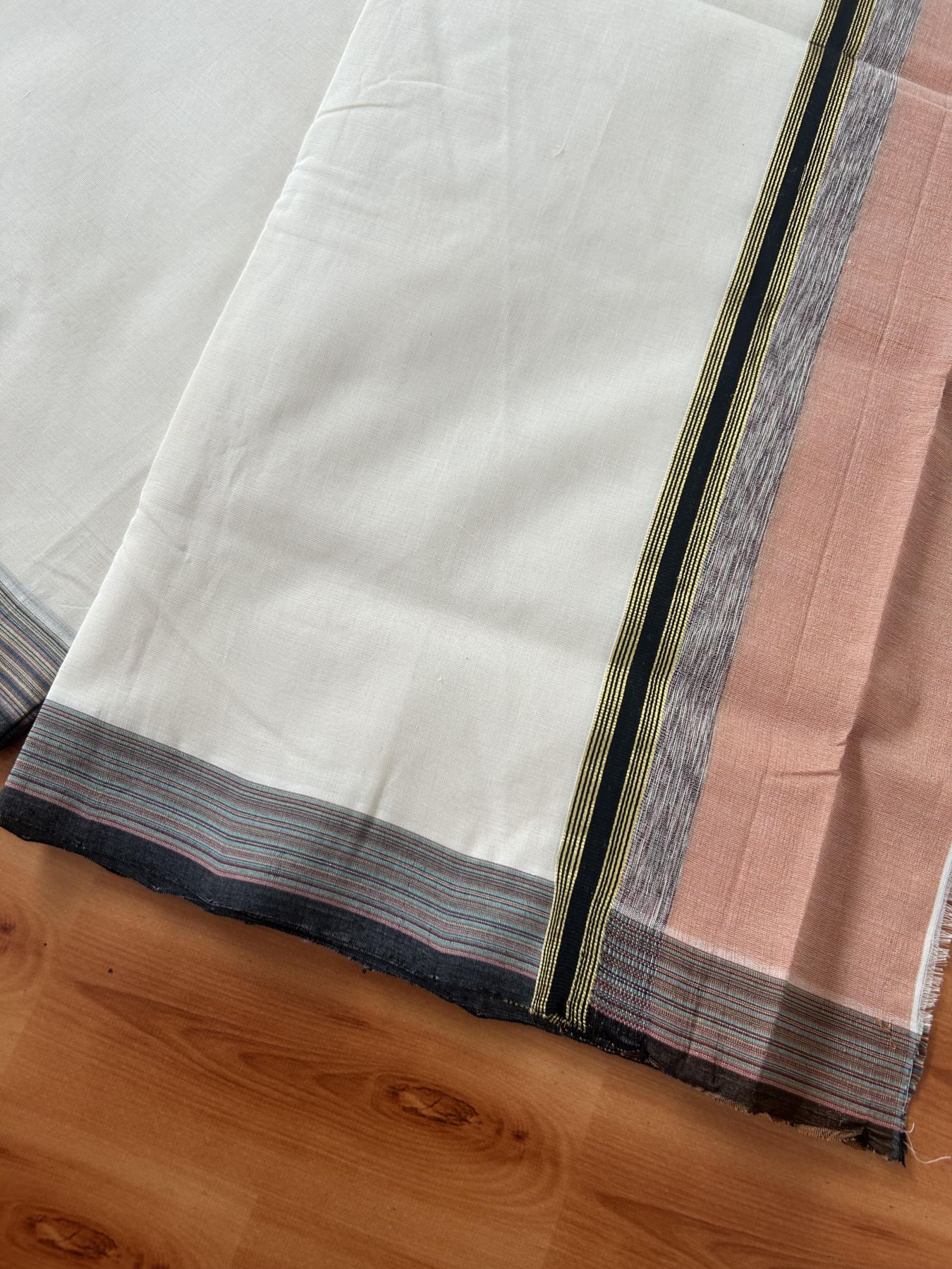 25% Discount! KaithariKada Handloom Unakkupaav Kerala Handloom - 100% Pure Cotton Off White - (Unbleached) Double Mundu/Dothi - 100 x 80 - 5 inch Gold Kasav Peach & Black, Multi Colour Side Striped Kara 4.00 meter(8.5 muzham) - 14 KK5390 REA