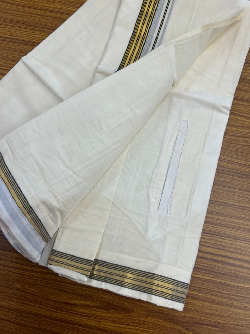 20% Discount ! KaithariKada Balaramapuram Mixed Cotton Double Off white - (Ubleached) Mundu/Dhoti VELCRO Mundu/Dhoti - (80s) - 1 inch Gold Kasavu & Black Striped kara 4mtr (8.5 muzham) - 6 KK5284 PMC