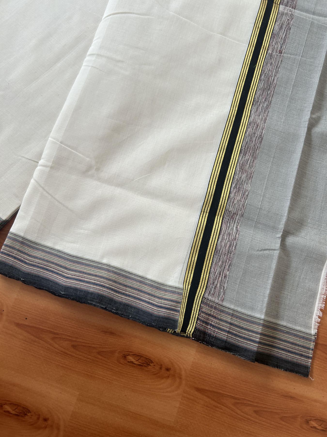 25% Discount! KaithariKada Handloom Unakkupaav Kerala Handloom - 100% Pure Cotton Off White - (Unbleached) Double Mundu/Dothi - 100 x 80 - 5 inch Gold Kasav Sage Green & Black, Multi Colour Side Striped Kara 4.00 meter (8.5 muzham) - 15 KK5390 REA