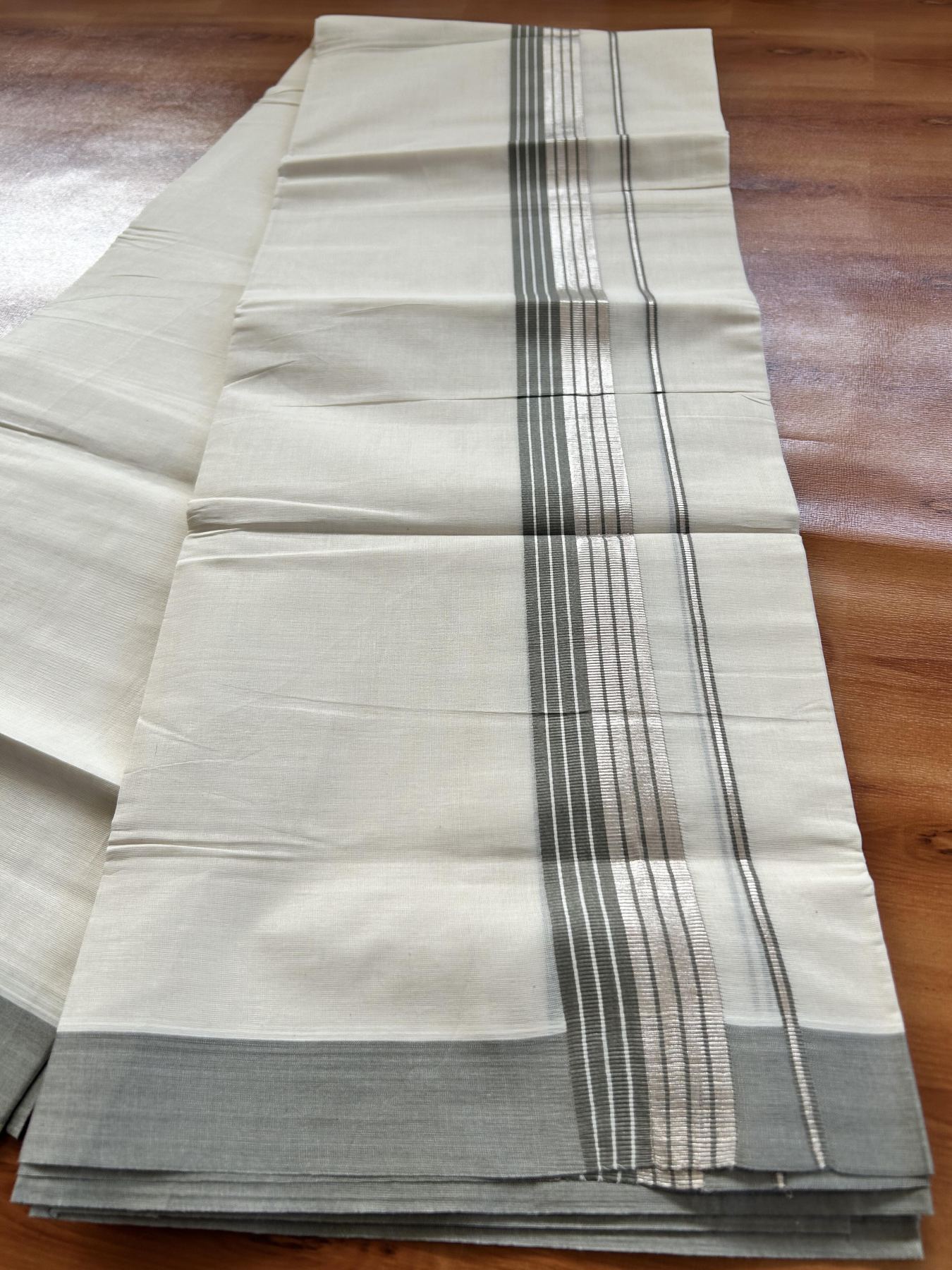 Double Off White Mundu/Dhoti- 20% Discount! KaithariKada Balaramapuram Pure Cotton - 80s - 1.5 inch Silver Kasav & Grey Striped Kara - 4mtr (8.5muzham) - 14 KK5417 VAS