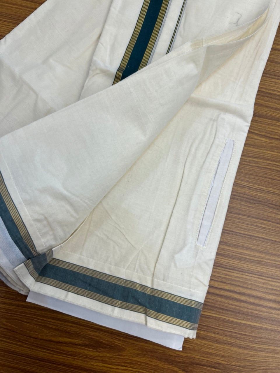 20% Discount ! KaithariKada Balaramapuram Mixed Cotton Double Off white - (Ubleached) Mundu/Dhoti VELCRO Mundu/Dhoti - (80s) - 1.5 inch Gold Kasavu & Green Striped kara 4mtr (8.5 muzham) - 7 KK5284 PMC
