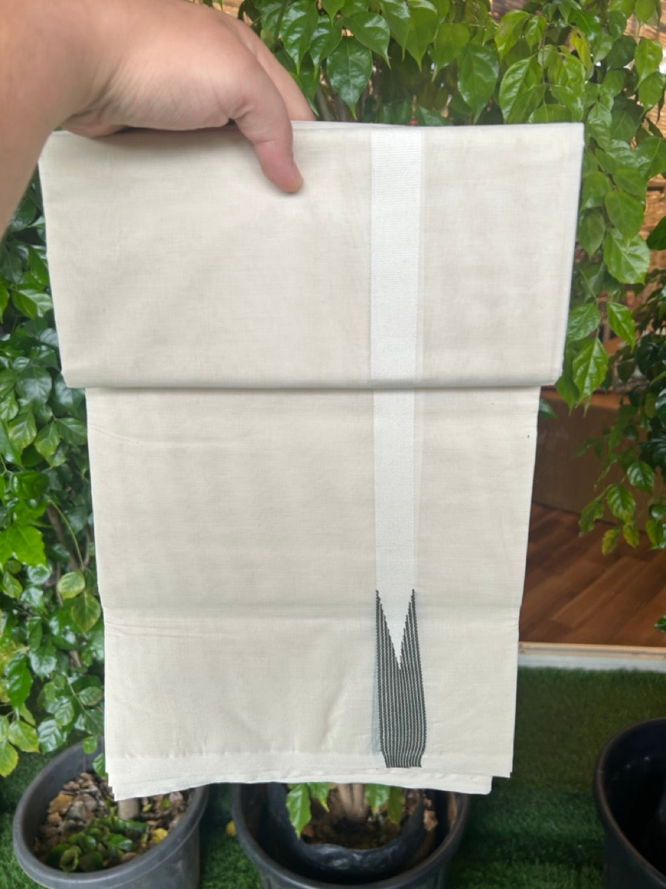 28% DISCOUNT ! KaithariKada Balaramapuram 100% COTTON Double OFF WHITE (Unbleached) Mundu/Dhoti- 100x100 - 1 inch Puliyilakkara Olive Green Striped Chutty Kara - 2KK5211ASH