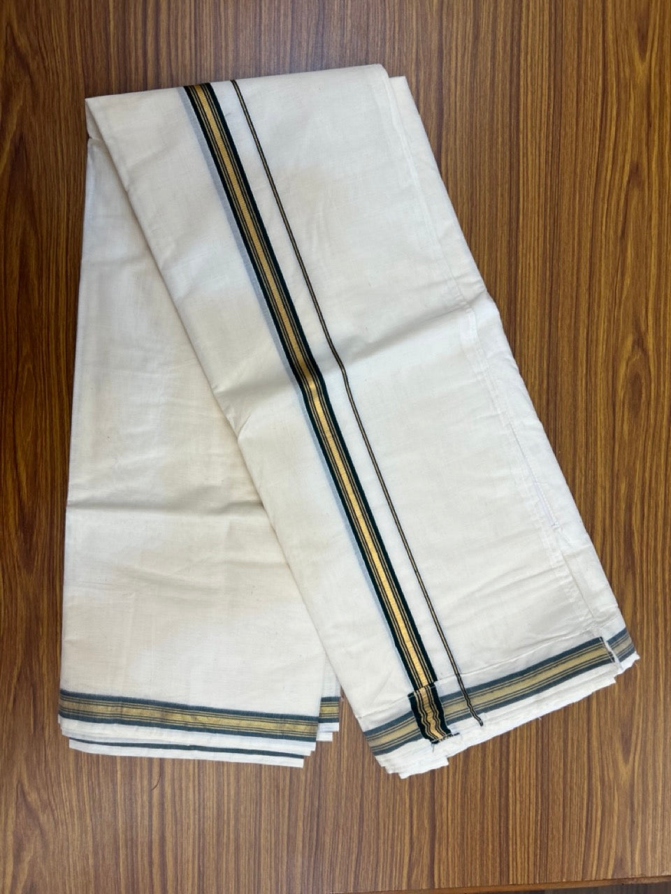 20% Discount ! KaithariKada Balaramapuram Mixed Cotton Double Off white - (Ubleached) Mundu/Dhoti VELCRO Mundu/Dhoti - (80s) - 1 inch Gold Kasavu & Green Striped kara 4mtr (8.5 muzham) - 8 KK5284 PMC