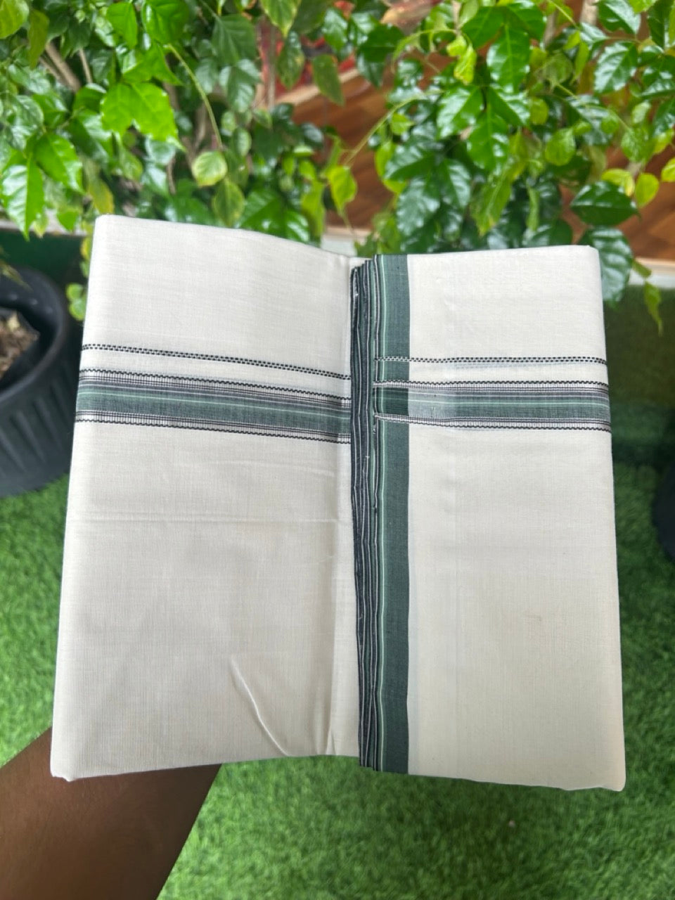 25% DISCOUNT!! KaithariKada HANDLOOM UNAKKUPAAV Balaramapuram - 100% PURE Cotton OFF White - (Unbleached) Double Mundu/Dothi - 80x100 - 1 inch Silver Kasavu Black & Green Striped Kara- 49KK5209 REA
