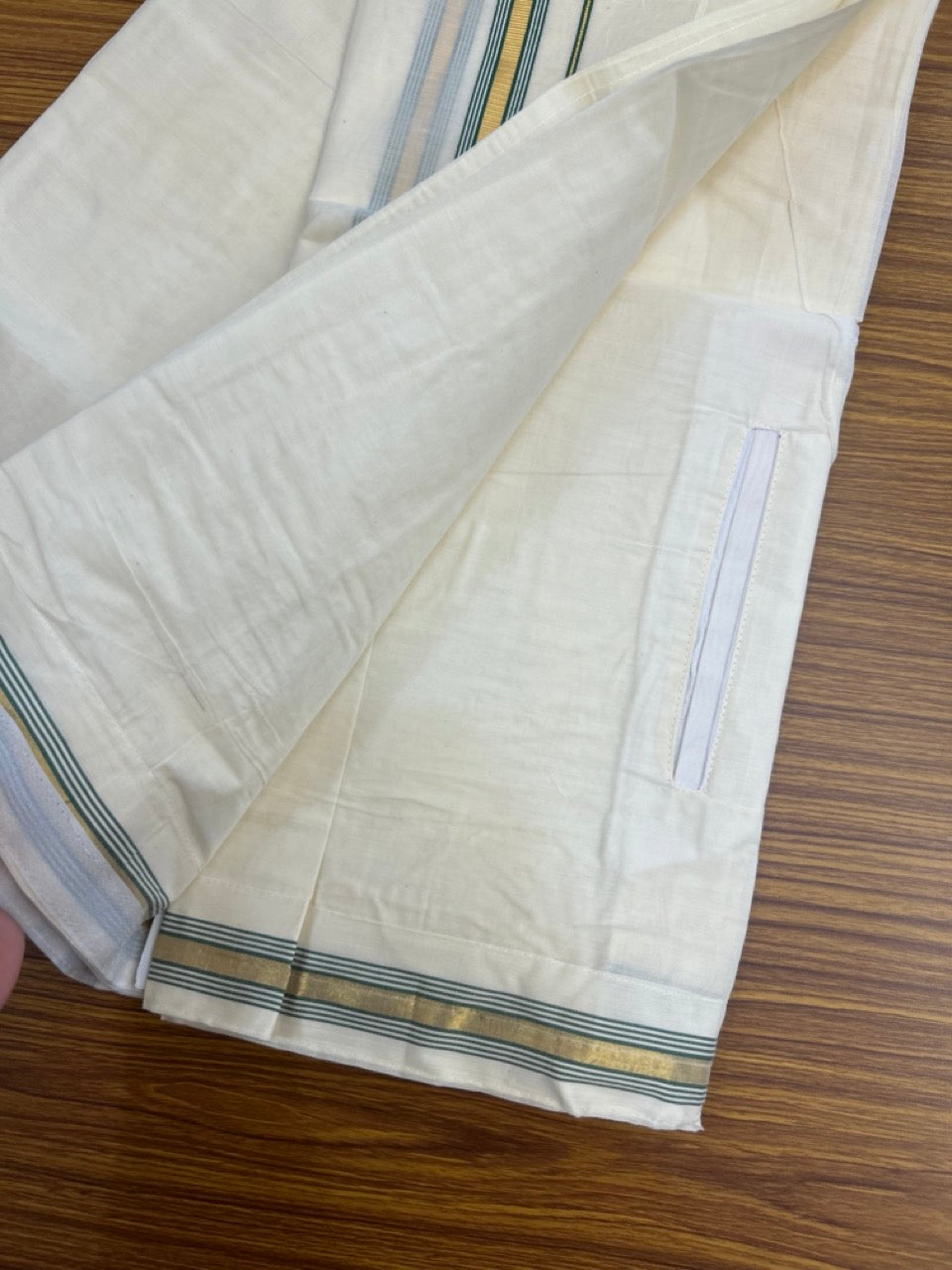 20% Discount ! KaithariKada Balaramapuram Mixed Cotton Double Off white - (Ubleached) Mundu/Dhoti VELCRO Mundu/Dhoti - (80s) - 1 inch Gold Kasavu & Green Striped kara 4mtr (8.5 muzham) - 9 KK5284 PMC
