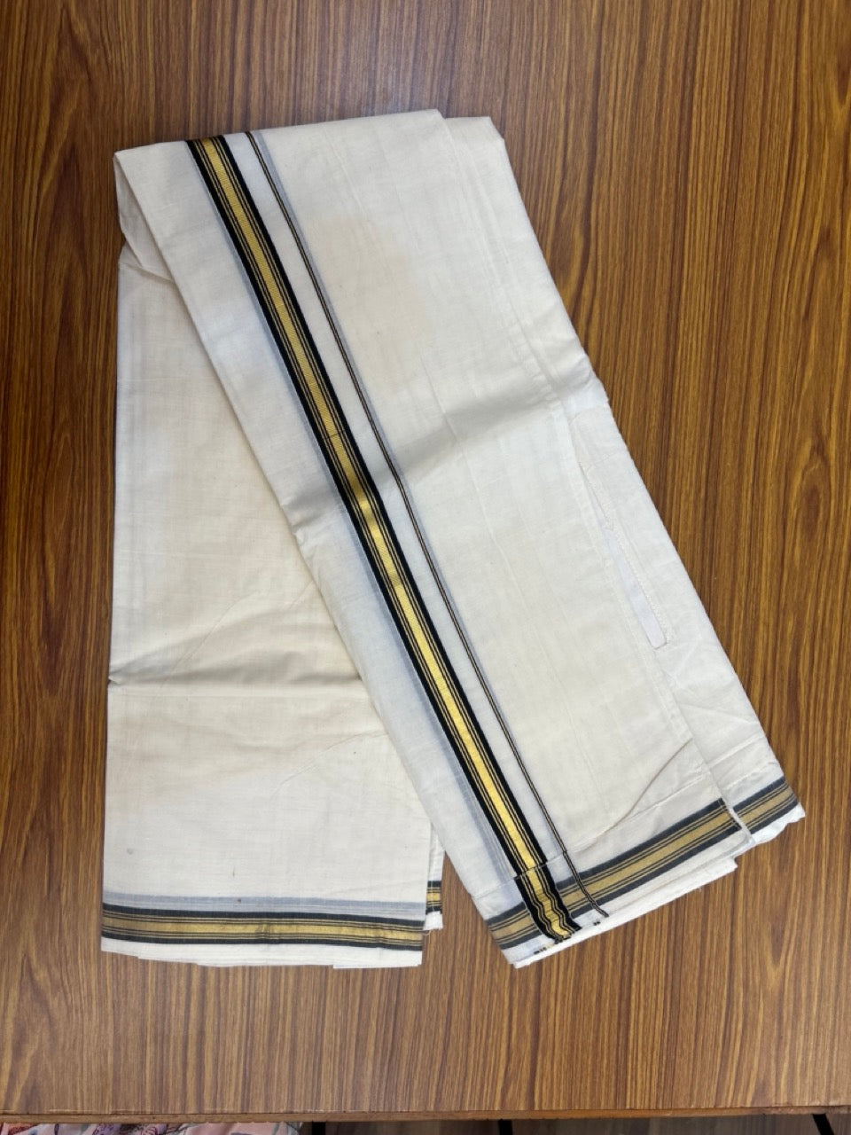 20% Discount ! KaithariKada Balaramapuram Mixed Cotton Double Off white - (Ubleached) Mundu/Dhoti VELCRO Mundu/Dhoti - (80s) - 1 inch Gold Kasavu & Black Striped kara 4mtr (8.5 muzham) - 10 KK5284 PMC