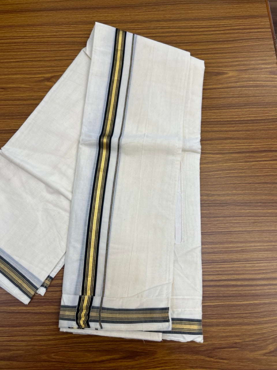 20% Discount ! KaithariKada Balaramapuram Mixed Cotton Double Off white - (Ubleached) Mundu/Dhoti VELCRO Mundu/Dhoti - (80s) - 1 inch Gold Kasavu & Black Striped kara 4mtr (8.5 muzham) - 10 KK5284 PMC