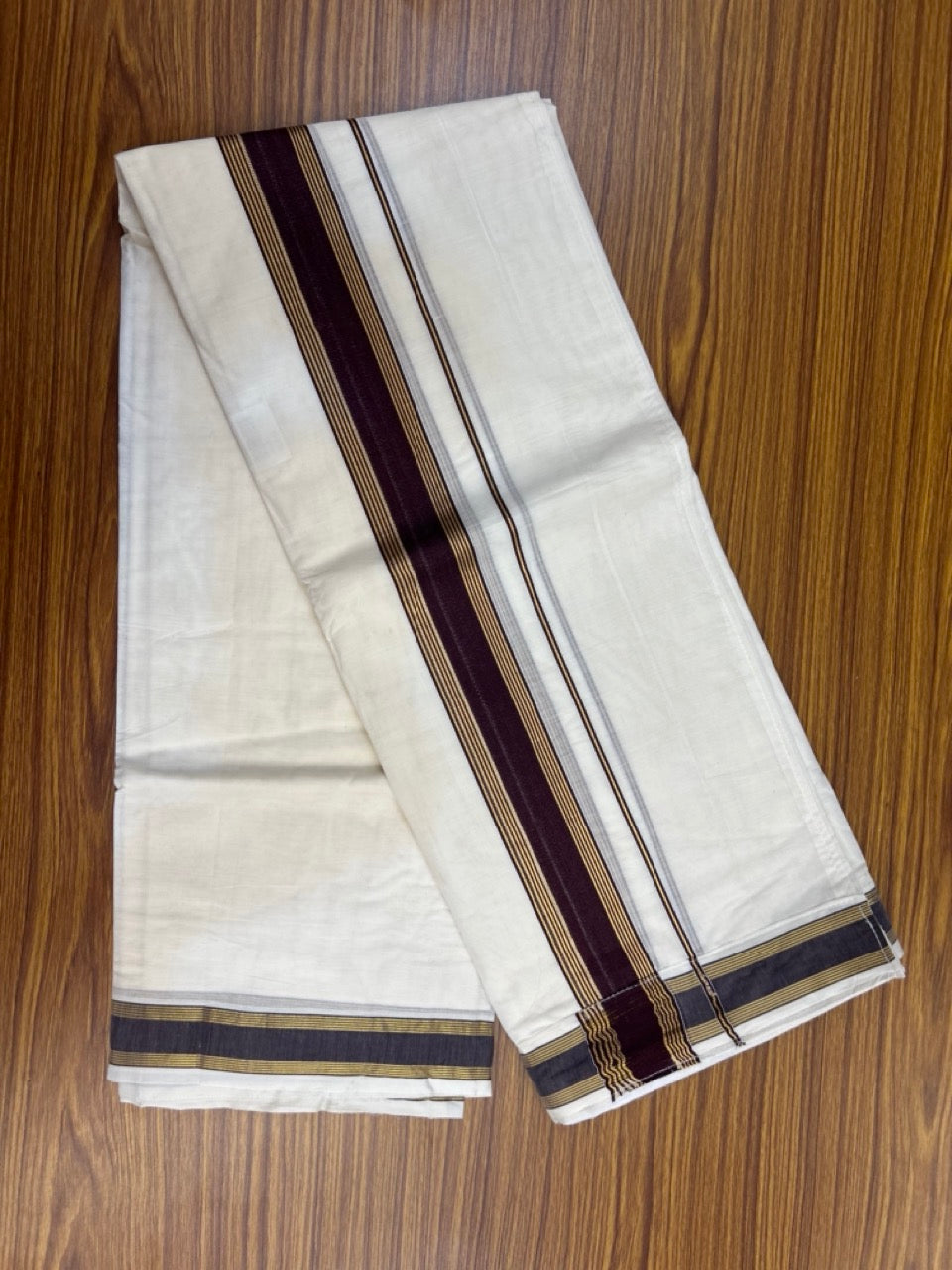 20% Discount ! KaithariKada Balaramapuram Mixed Cotton Double Off white - (Ubleached) Mundu/Dhoti VELCRO Mundu/Dhoti - (80s) - 2 inch Gold Kasavu & Brown Striped kara 4mtr (8.5 muzham) - 11 KK5284 PMC