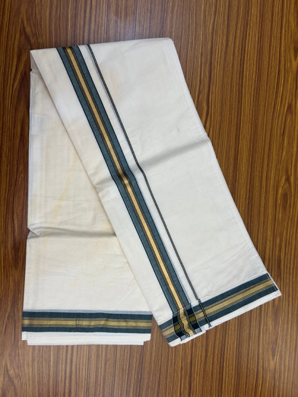 20% Discount ! KaithariKada Balaramapuram Mixed Cotton Double Off white - (Ubleached) Mundu/Dhoti VELCRO Mundu/Dhoti - (80s) - 1.5 inch Gold Kasavu & Green Striped kara 4mtr (8.5 muzham) - 13 KK5284 PMC