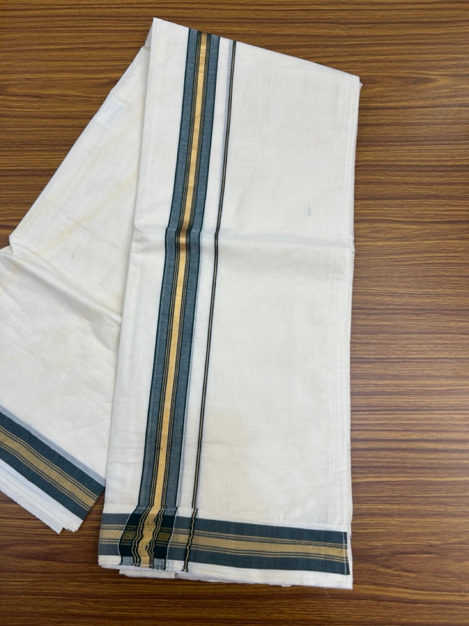 20% Discount ! KaithariKada Balaramapuram Mixed Cotton Double Off white - (Ubleached) Mundu/Dhoti VELCRO Mundu/Dhoti - (80s) - 1.5 inch Gold Kasavu & Green Striped kara 4mtr (8.5 muzham) - 13 KK5284 PMC