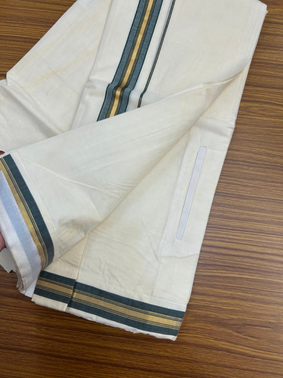 20% Discount ! KaithariKada Balaramapuram Mixed Cotton Double Off white - (Ubleached) Mundu/Dhoti VELCRO Mundu/Dhoti - (80s) - 1.5 inch Gold Kasavu & Green Striped kara 4mtr (8.5 muzham) - 13 KK5284 PMC