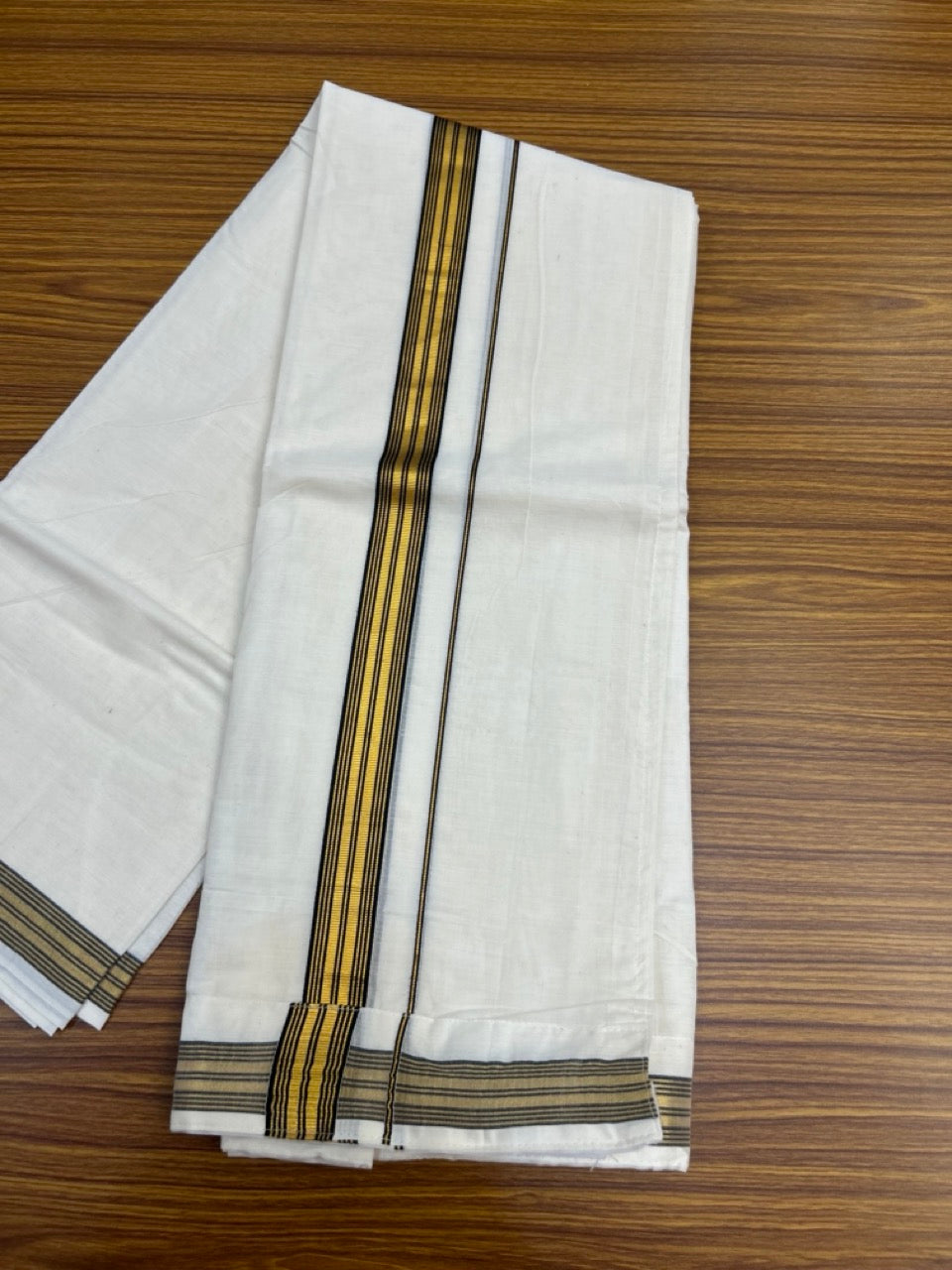 20% Discount ! KaithariKada Balaramapuram Mixed Cotton Double Off white - (Ubleached) Mundu/Dhoti VELCRO Mundu/Dhoti - (80s) - 1.25 inch Gold Kasavu & Black Striped kara 4mtr (8.5 muzham) - 15 KK5284 PMC