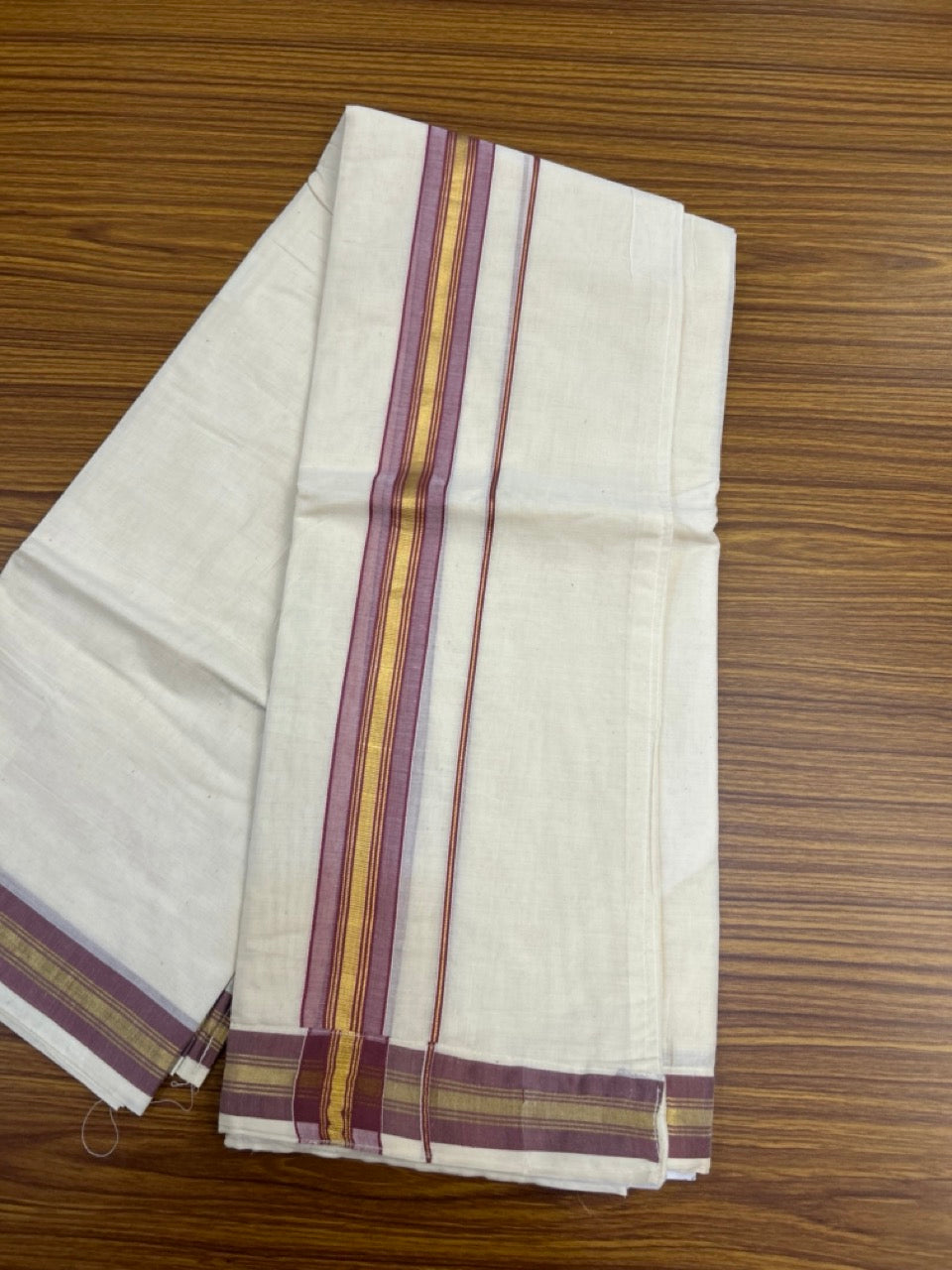 20% Discount ! KaithariKada Balaramapuram Mixed Cotton Double Off white - (Ubleached) Mundu/Dhoti VELCRO Mundu/Dhoti - (80s) - 1.5 inch Gold Kasavu & Light Plum Striped kara 4mtr (8.5 muzham) - 16 KK5284 PMC