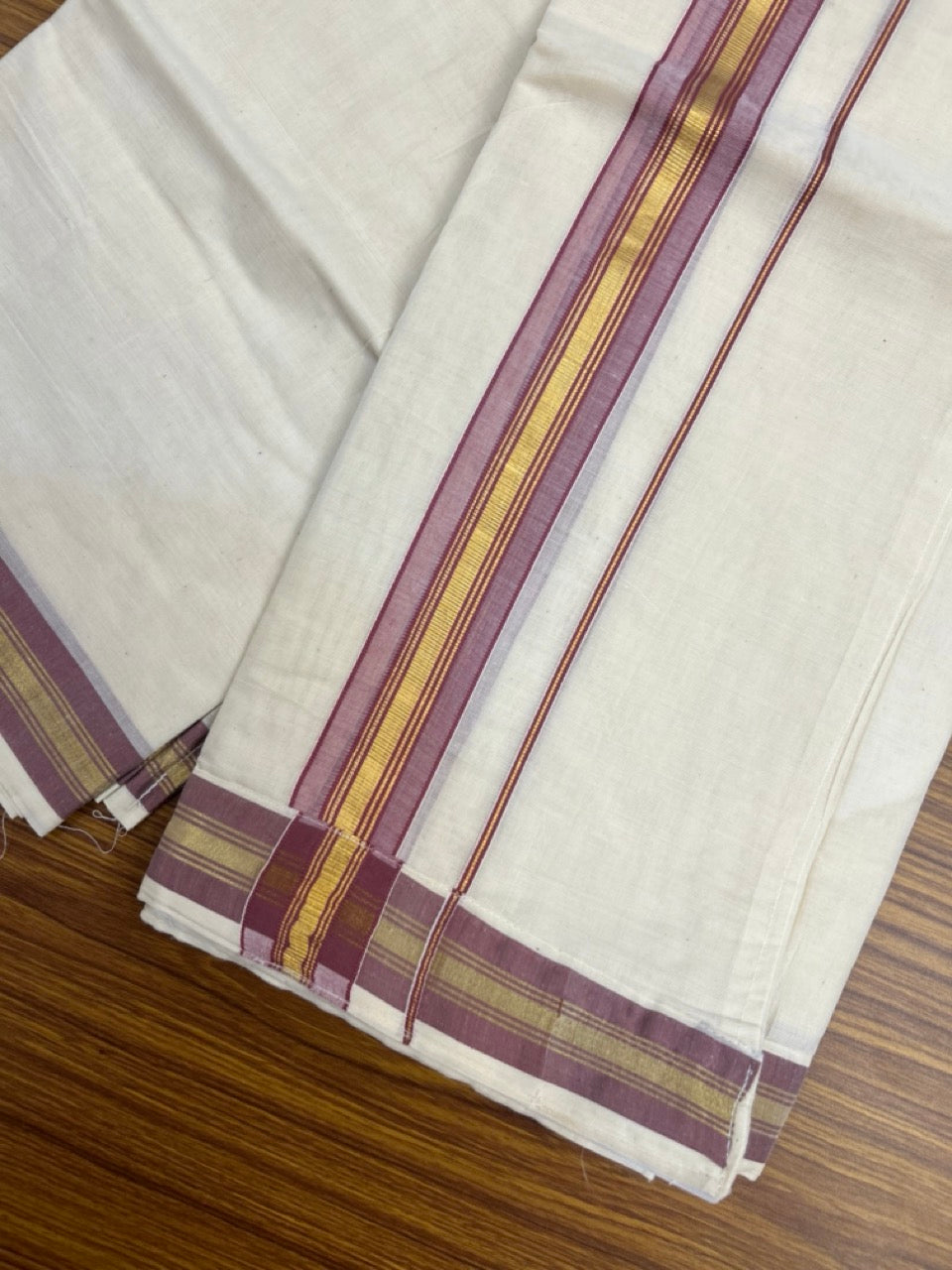 20% Discount ! KaithariKada Balaramapuram Mixed Cotton Double Off white - (Ubleached) Mundu/Dhoti VELCRO Mundu/Dhoti - (80s) - 1.5 inch Gold Kasavu & Light Plum Striped kara 4mtr (8.5 muzham) - 16 KK5284 PMC