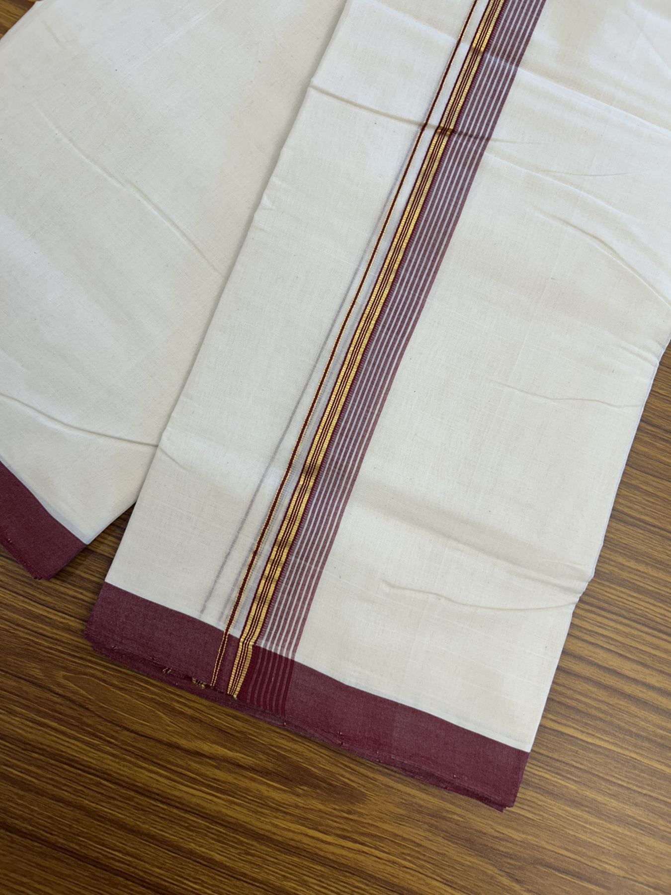 25% Discount! KaithariKada Handloom Millpaav Balaramapuram - Cotton Double Mundu/Dhoti Off white (Unbleached) - 80x90 - 1.25 inch Kasav Maroon & White striped Kara - 3.60 meter (8 Muzham) - 20 KK5320 RAM