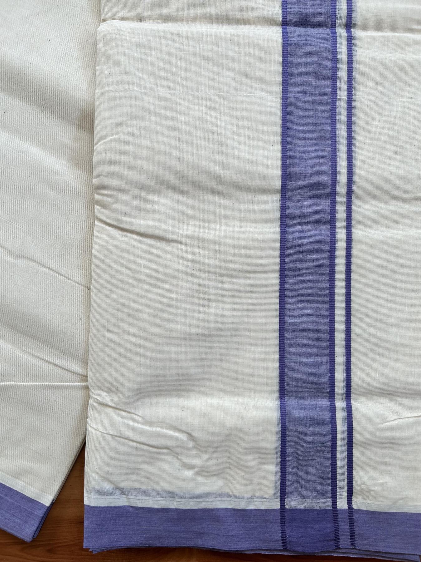 Double Off white - (Unbleached) Mundu/Dhoti- 20% Discount!! KaithariKada Balaramapuram 100% Cotton - 100x80 - 1.5 inch Lavender Shaded Kara - 3.75 mtr (8 Muzham) - 9 KK5419 ASH