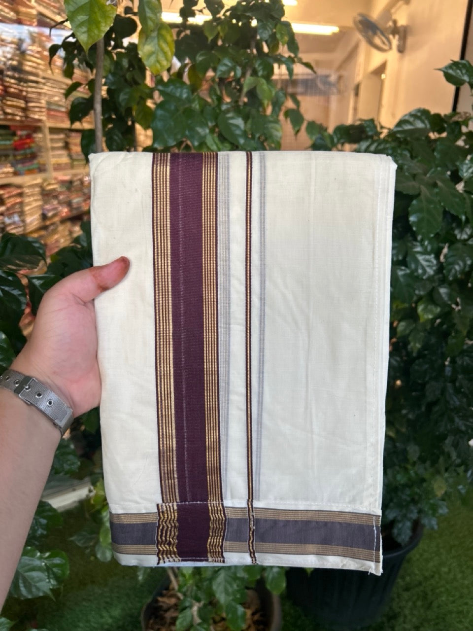 20% Discount ! KaithariKada Balaramapuram Mixed Cotton Double Off white - (Ubleached) Mundu/Dhoti VELCRO Mundu/Dhoti - (80s) - 2 inch Gold Kasavu & Brown Striped kara 4mtr (8.5 muzham) - 11 KK5284 PMC