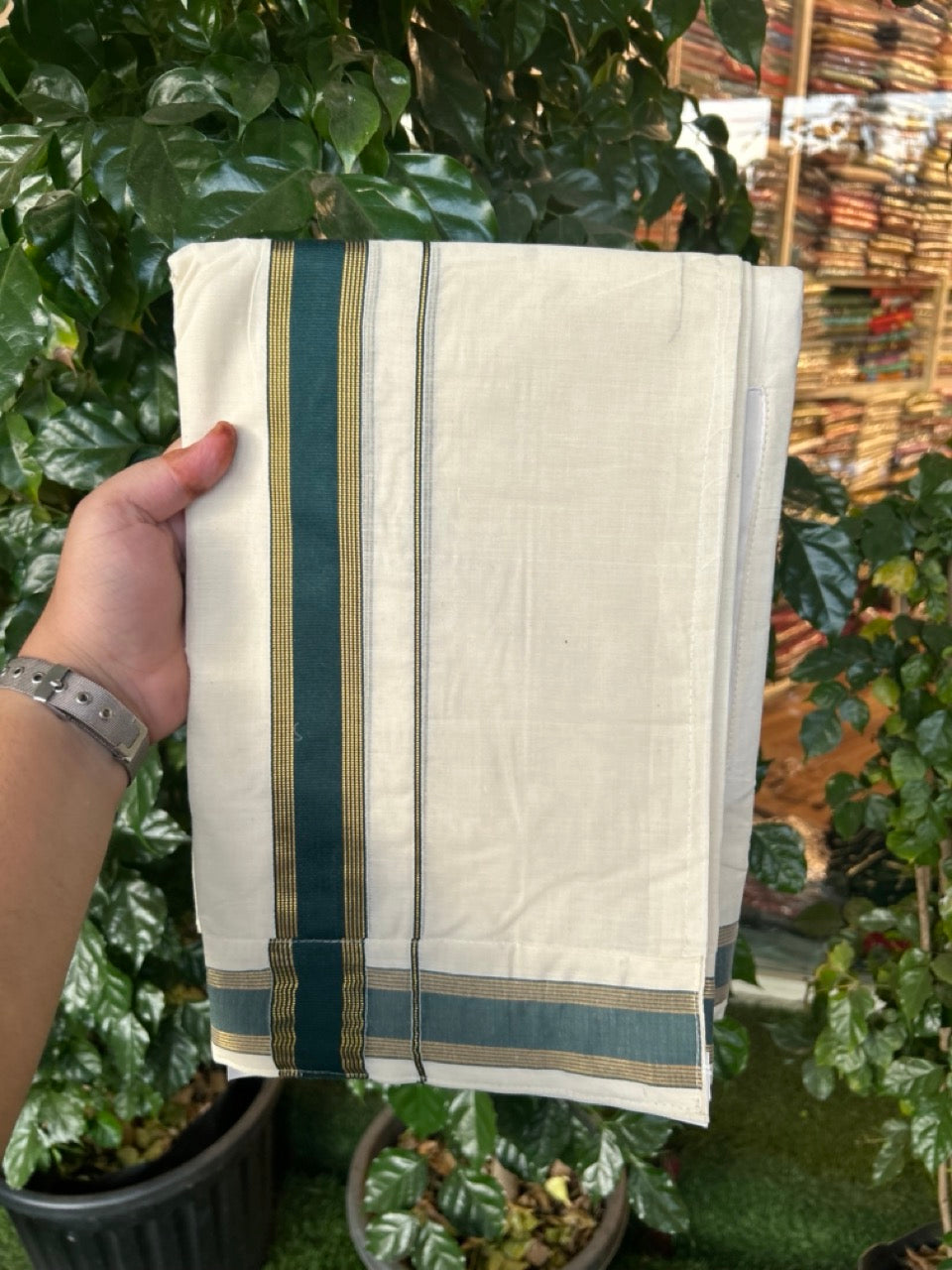 20% Discount ! KaithariKada Balaramapuram Mixed Cotton Double Off white - (Ubleached) Mundu/Dhoti VELCRO Mundu/Dhoti - (80s) - 1.5 inch Gold Kasavu & Green Striped kara 4mtr (8.5 muzham) - 7 KK5284 PMC