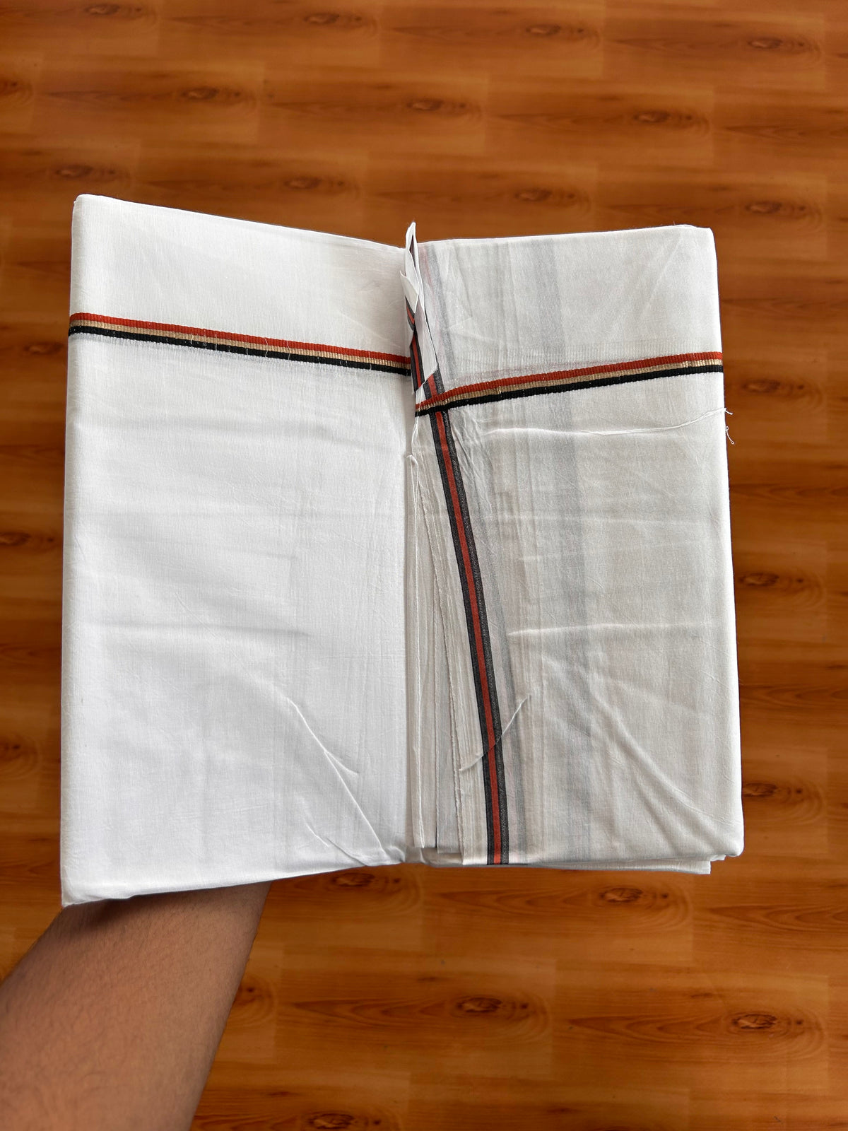 Pure White Double Mundu/Dhoti - 20% Discount! KaithariKada Pulimood - 100% Cotton - 100x100 - 0.25 inch Silver Kasav Red & Black Kara 4 mtr (8.5 muzham) - 38 KK5534 ASH