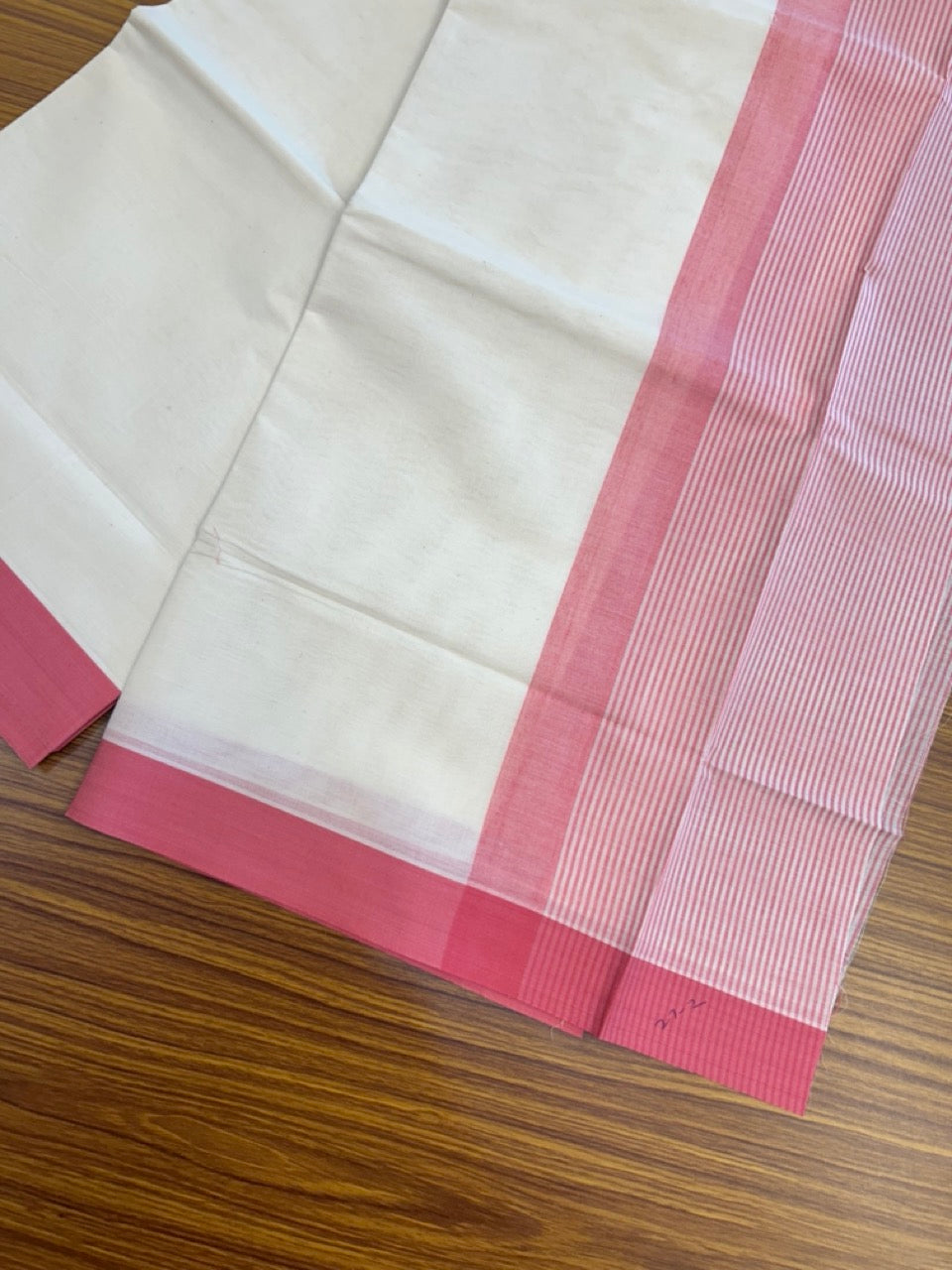 21% Discount! KaithariKada Balaramapuram 100% Cotton Off white (Unbleached) Double Mundu/Dhoti - 100x80 - 7.25 inch Dark Pink Stripes Kara 4 mtr (8.5 muzham) - 36 KK5284 PMC
