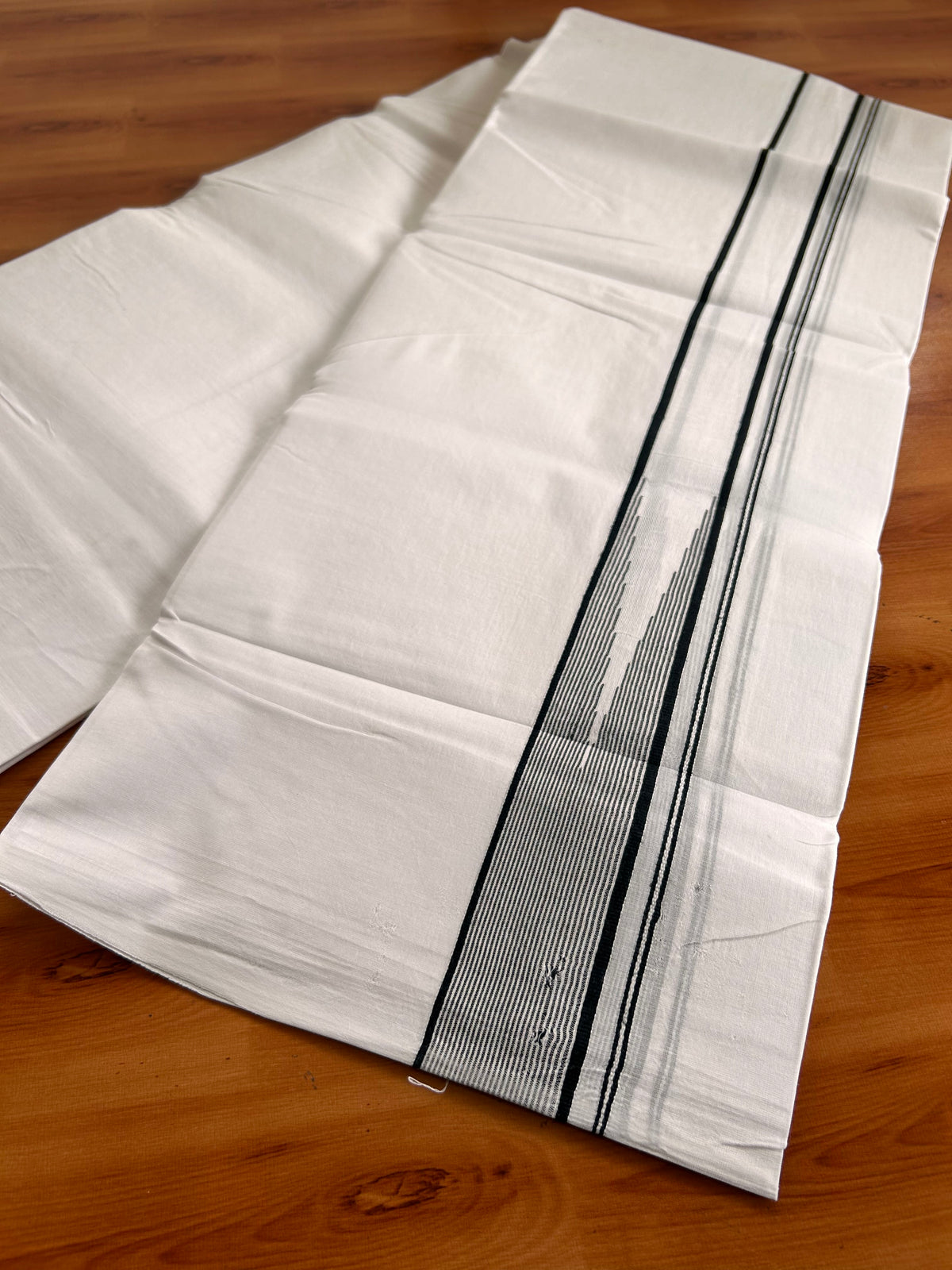 Double Pure white Mundu/Dhoti - 20% Discount! KaithariKada Pulimood - 100% Cotton - 100x100 - 1.5 inch Puliyilakkara Gold Kasav & Black Stripes Chutty 4 m (8.5 muzham) - 37 KK5534 ASH