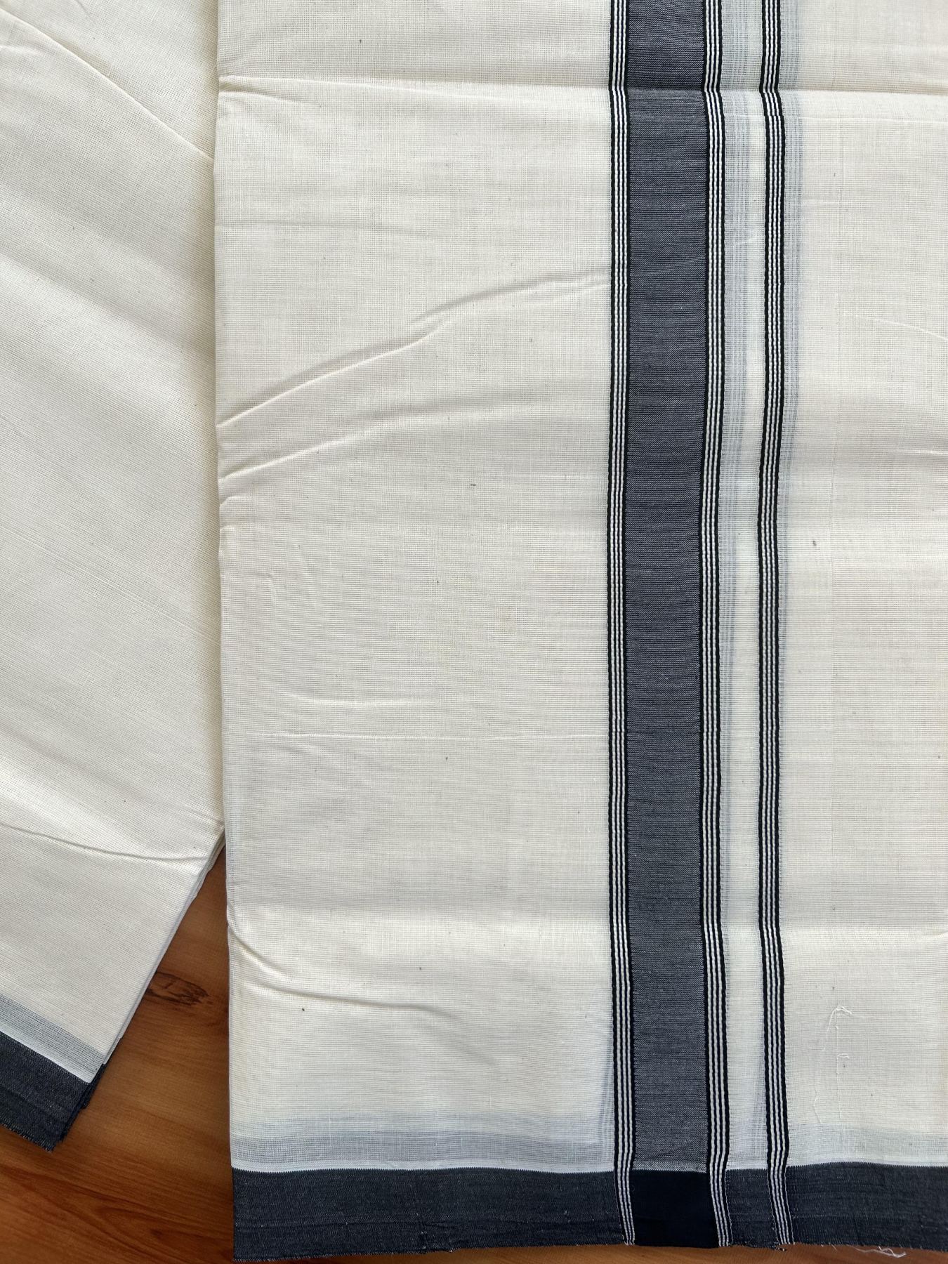 Double Off white - (Unbleached) Mundu/Dhoti- 20% Discount!! KaithariKada Balaramapuram 100% Cotton - 100x80 - 1.25 inch Black Shaded Striped Kara - 3.75 mtr (8 Muzham) - 5 KK5419 ASH