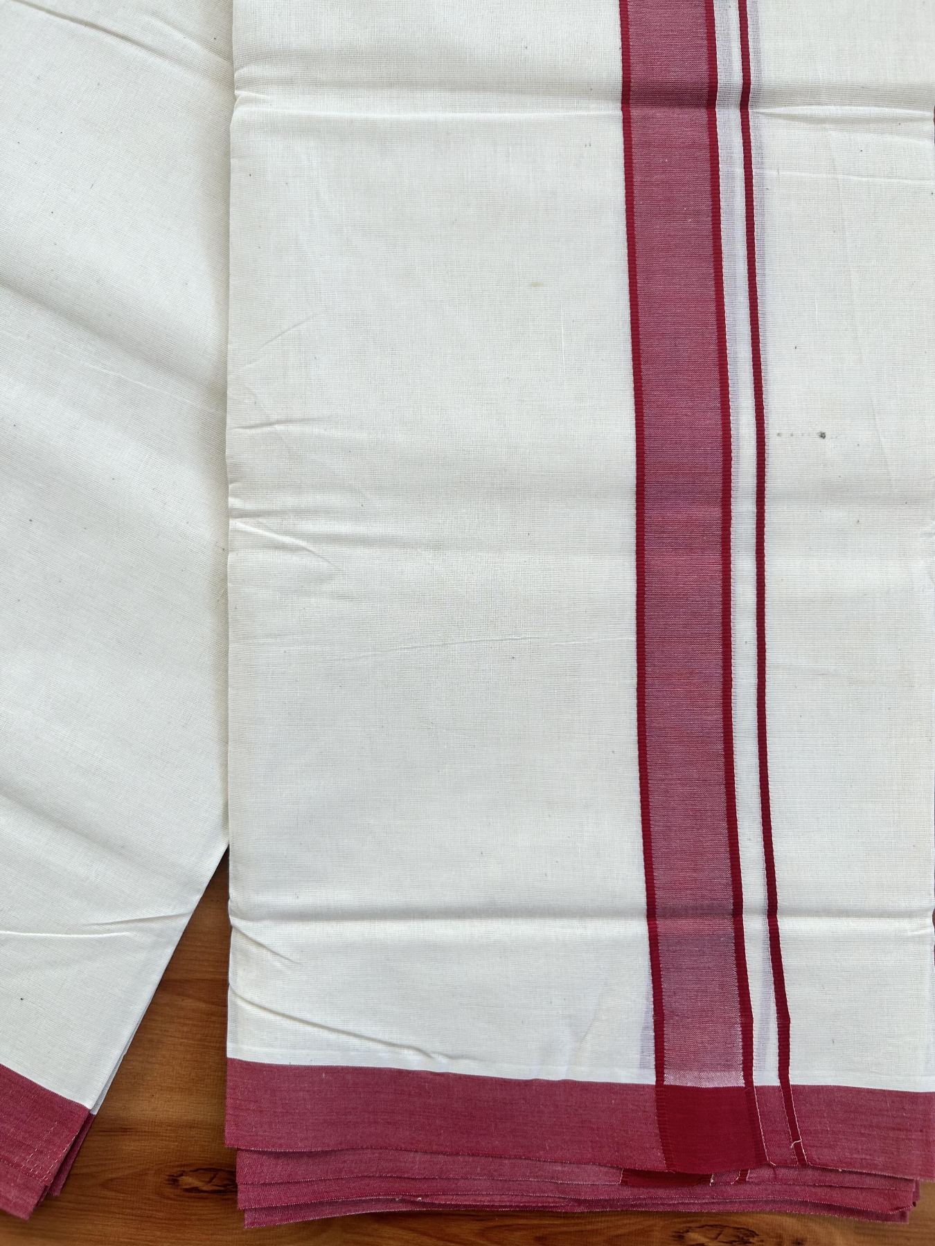 Double Off white - (Unbleached) Mundu/Dhoti- 20% Discount!! KaithariKada Balaramapuram 100% Cotton - 100x80 - 1.25 inch Maroon Shaded Kara - 3.75 mtr (8 Muzham) - 8 KK5419 ASH