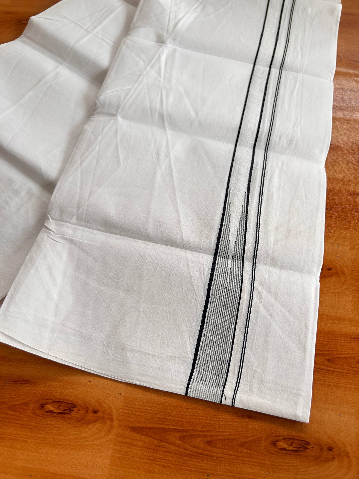 Pure White Single Mundu/Dhoti - 20% Discount! KaithariKada Pulimood 100% Cotton - 100s - 1 inch Puliyilakkara Black Stripes Heavy Chutty (2 meter / 4 muzham) - 40 KK5534 ASH