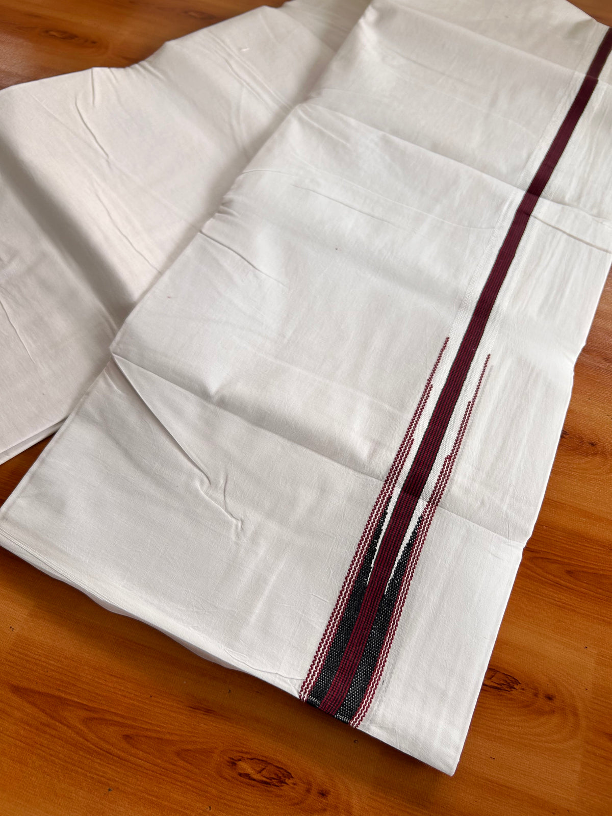 Short Dhoti Special! Kaitharikada.com - 20% Discount! Balaramapuram Double Pure White Mundu/Dhoti - 100X100 - 1 inch Kara & 50 inches Height Puliyilakkara Dark Maroon & Black Striped Chutty Kara - 44KK5224 ASH