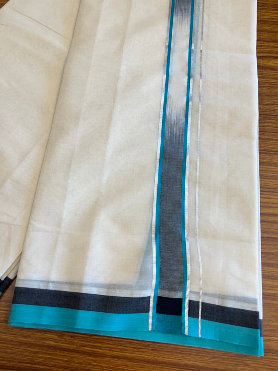 19% Discount!!! KaithariKada Balaramapuram Double RAINBOW Off white - (Unbleached) Mundu/Dhoti - 80X90 - 2.25 inch Black & Dark Turquoise Green Silver Striped Designer Kara- 11KK5042KAI