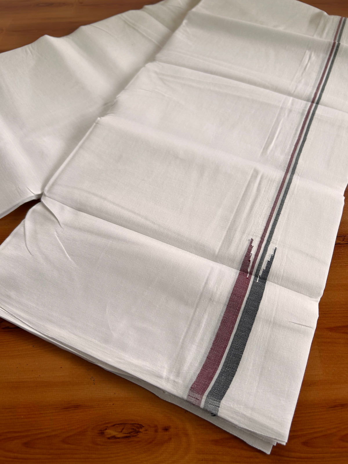 Admk Vesti Short Dhoti Special! Double Pure white Mundu/Dhoti - 20% Discount! Kaitharikada pulimood - 100X100 - 0.75 inch Kara & 45 inches Height Puliyilakkara Maroon & Black Chutty Kara 3.84 mtr (8 muzham) - 39 KK5534 ASH