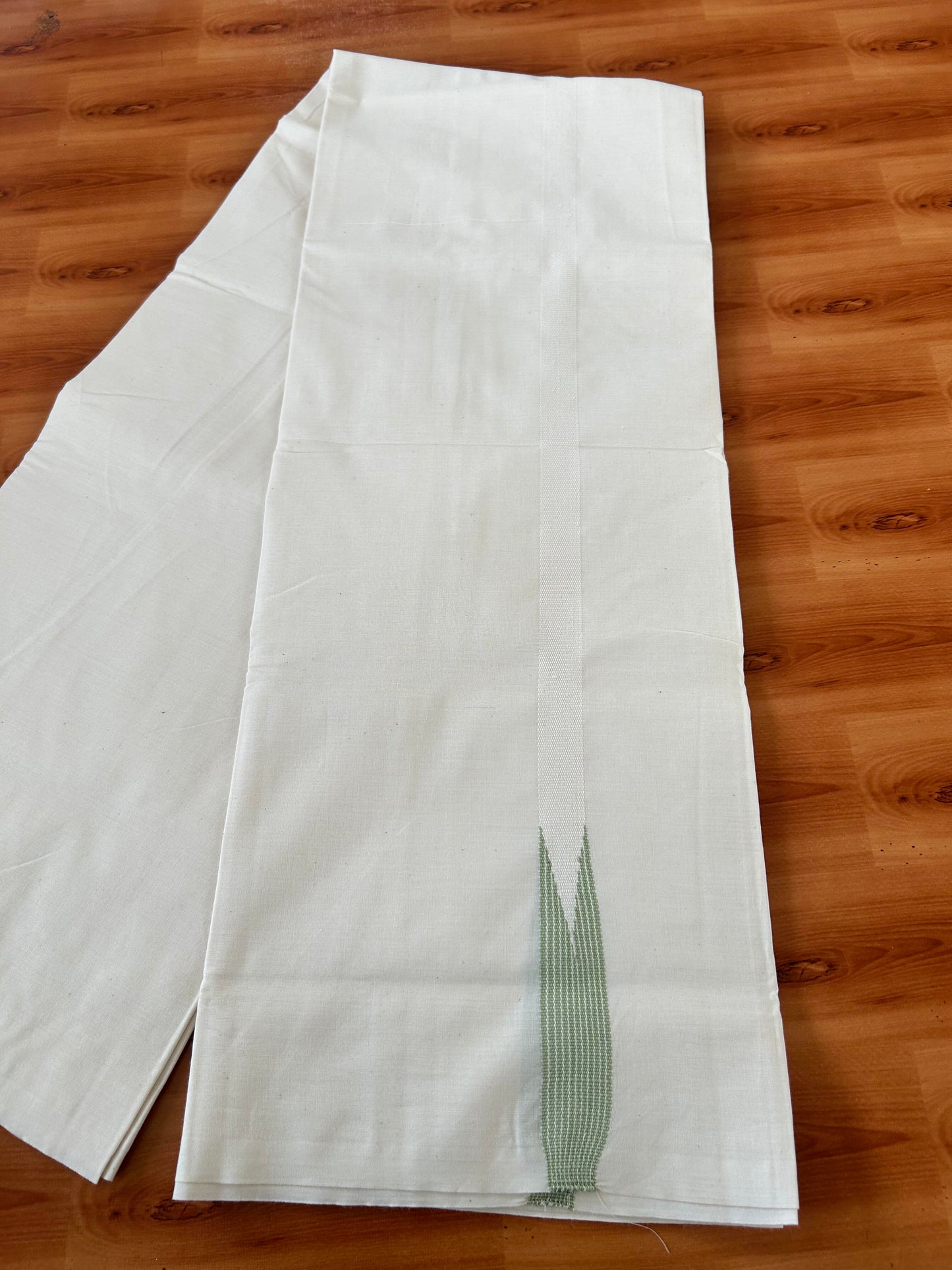 20% Discount!! KaithariKada Balaramapuram 100% Cotton Single Off White - (Unbleached) Mundu/Dhoti - Twisted 100s Thread - 0.75 inch Puliyilakkara Pista Green Striped Chutty Kara(2 meter / 4 muzham) - 2 KK5420 ASH