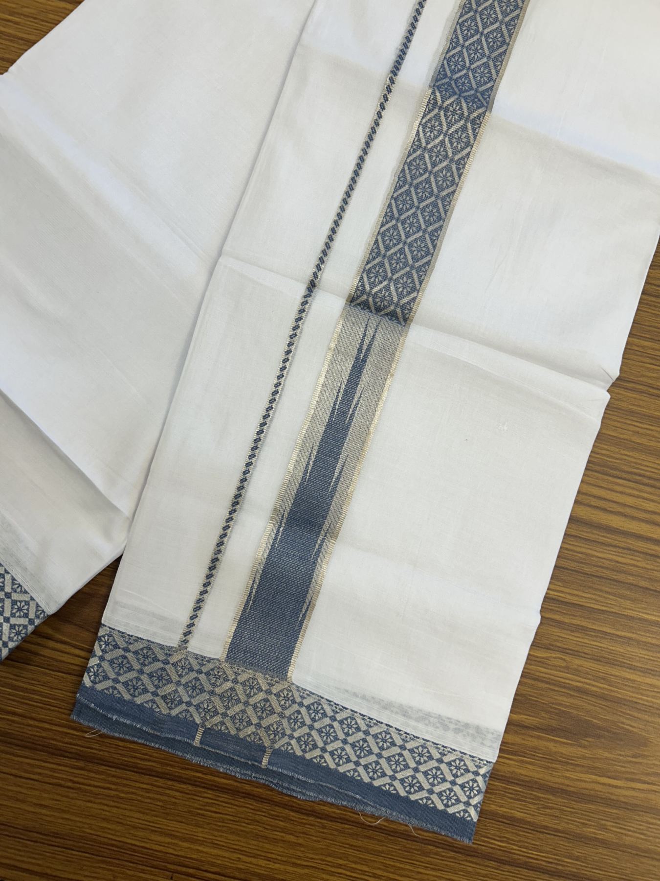 20% Discount ! KaithariKada Balaramapuram 100% Pure Cotton Double Pure White Mundu/Dhoti - 100x80 - 1.25 inch Puliyilakkara Silver Kasav & Peacock Blue Jacquard Design Chutty kara 3.90 mtr (8 Muzham) - 15 KK5321 CJT