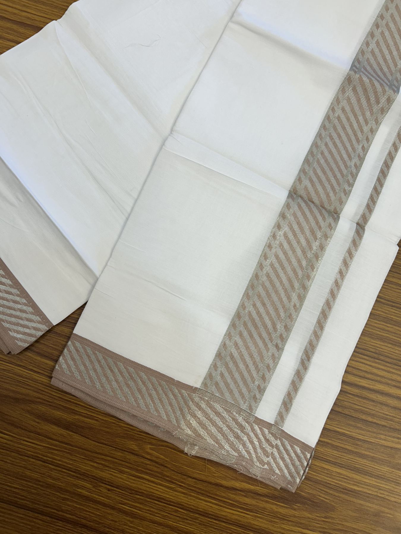 20% Discount ! KaithariKada Balaramapuram 100% Cotton Single Pure White Mundu/Dhoti - 30X70 - 2 inch Silver Kasav & Dusty Brown Jacquard Design kara 1.90 mtr (4 Muzham) - 1 KK5321 CJT