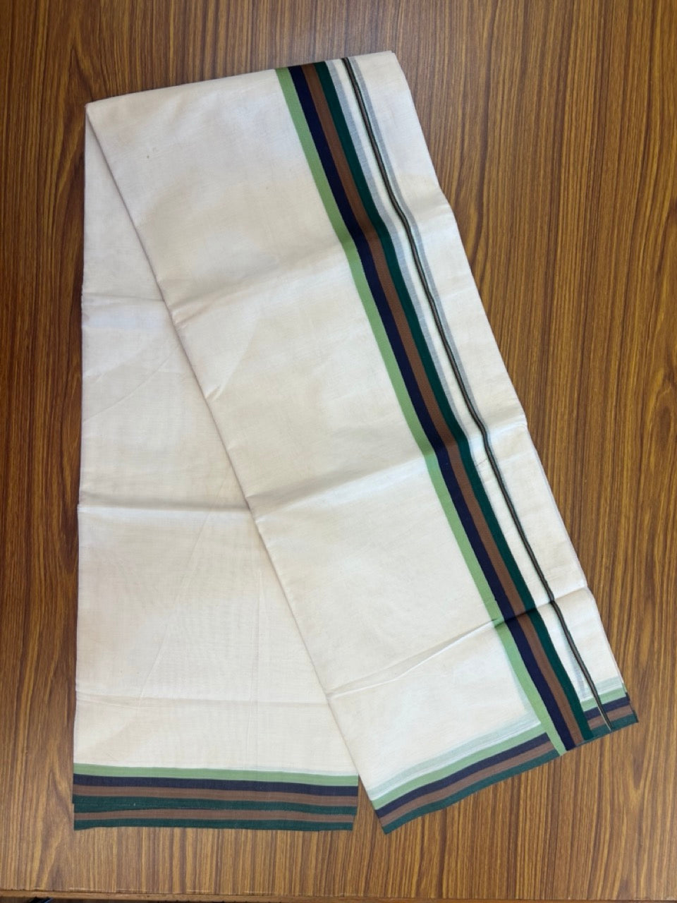 16% DISCOUNT ! KaithariKada Balaramapuram 100% Cotton off white (Unbleached) Double Mundu/Dhoti - 100X80 - 1.5 inch Multi Colour kara 4 mtr (8.5 muzham) - 38 KK5284 PMC