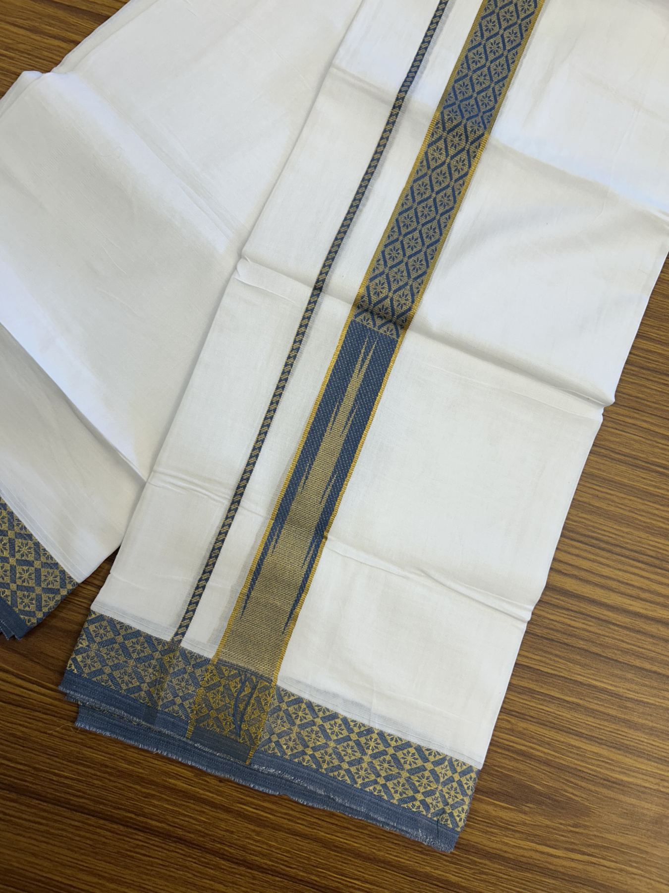 20% Discount ! KaithariKada Balaramapuram 100% Pure Cotton Double Pure White Mundu/Dhoti - 100x80 - 1.25 inch Puliyilakkara Gold Kasav & Peacock Blue Jacquard Design Chutty kara 3.90 mtr (8 Muzham) - 18 KK5321 CJT