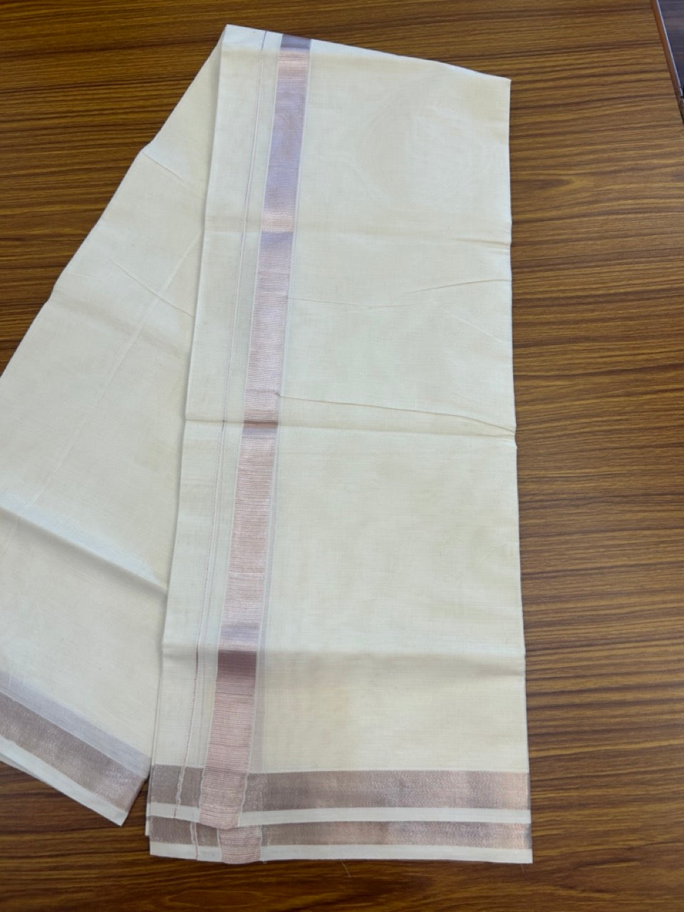 19% DISCOUNT! KaithariKada Balaramapuram DOUBLE OFF WHITE - (Ubleached) Mundu/Dhoti - Cotton mix - 80s - 1 inch Light Rose Pink kasavu Kara 4 mtr (8.5 Muzham) - 40 KK5284 PMC