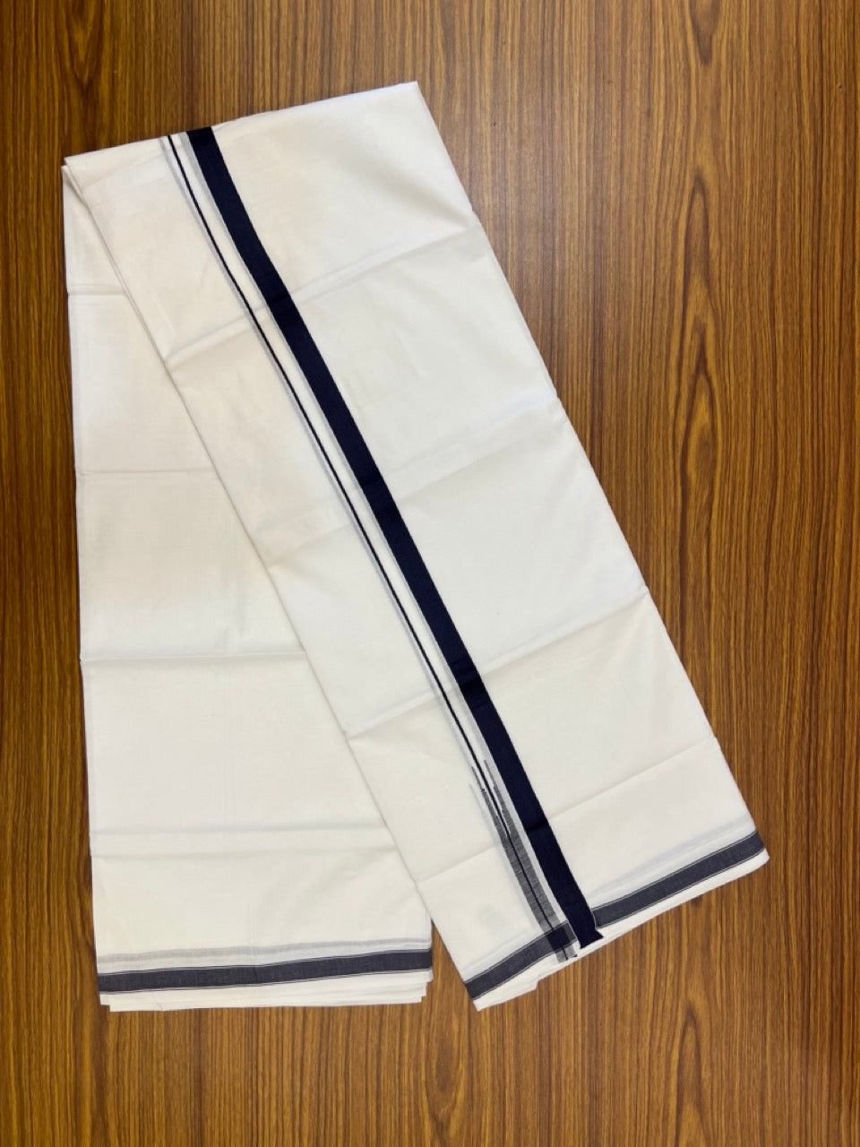 5% Discount! KaithariKada Balaramapuram 100% Cotton Double Pure white Mundu/Dhoti- 100x100 - 0.75 inch Puliyilakkara Navy Blue One Side Chutty Kara - 3.90 mtr (8 muzham) - 51 KK5279 CKS