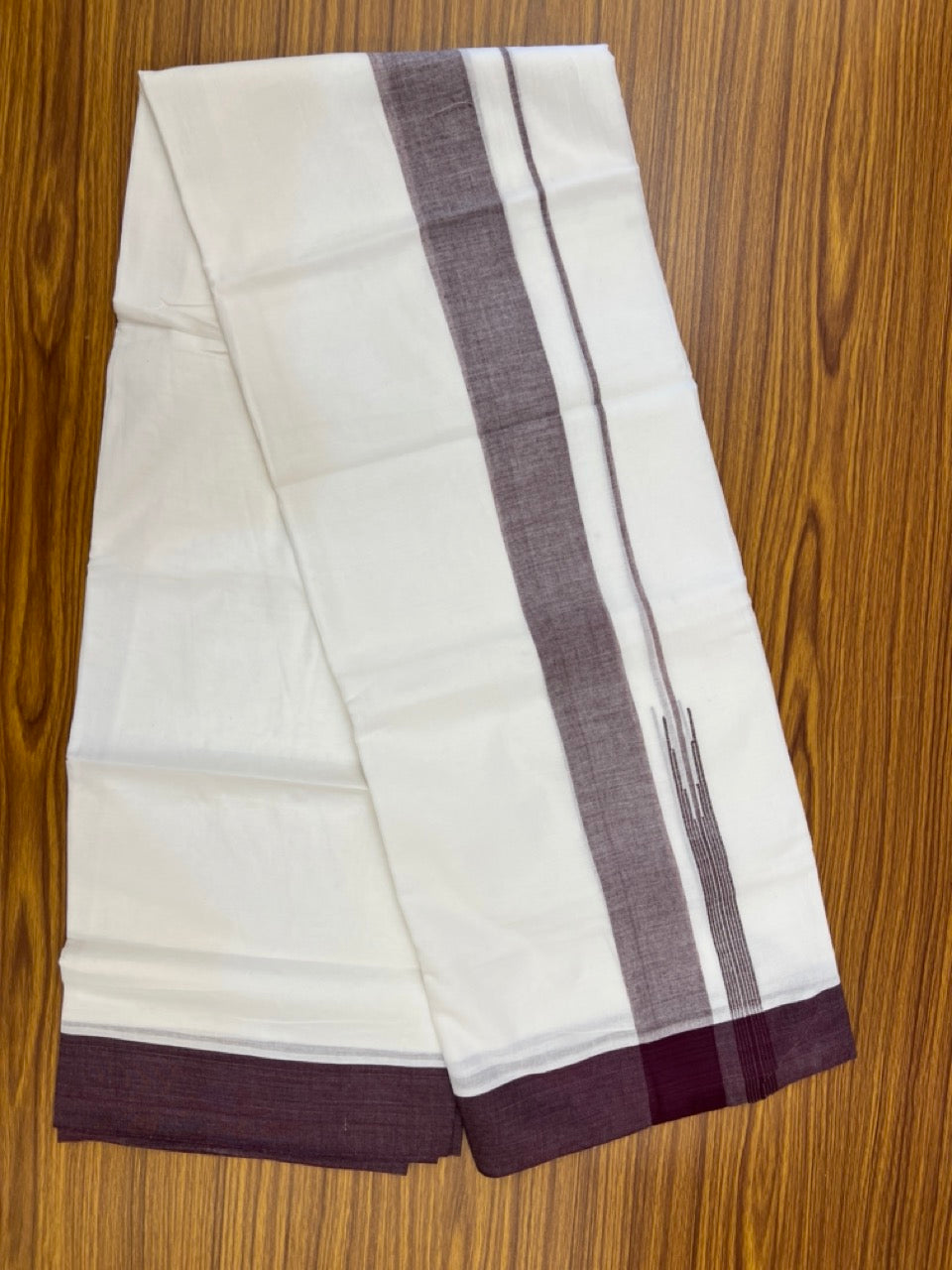 20% Discount! KaithariKada Balaramapuram 100% Cotton Double Pure white Mundu/Dhoti- 60s - 2.25 inch Wine Purple One Side Chutty kara - 3.90mtr ( 8 muzham) - 82 KK5279 CKS