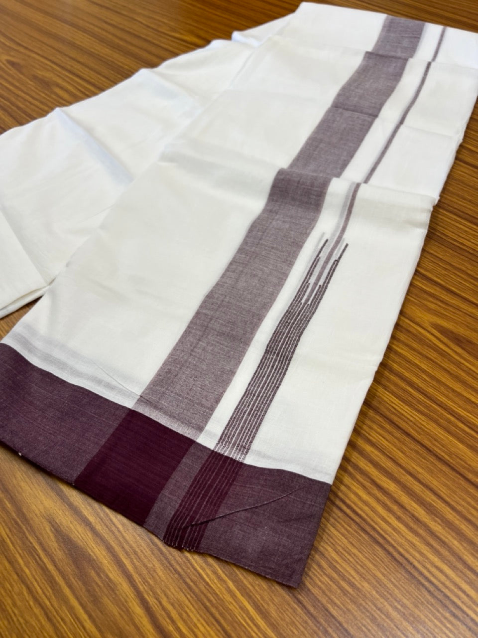 20% Discount! KaithariKada Balaramapuram 100% Cotton Double Pure white Mundu/Dhoti- 60s - 2.25 inch Wine Purple One Side Chutty kara - 3.90mtr ( 8 muzham) - 82 KK5279 CKS
