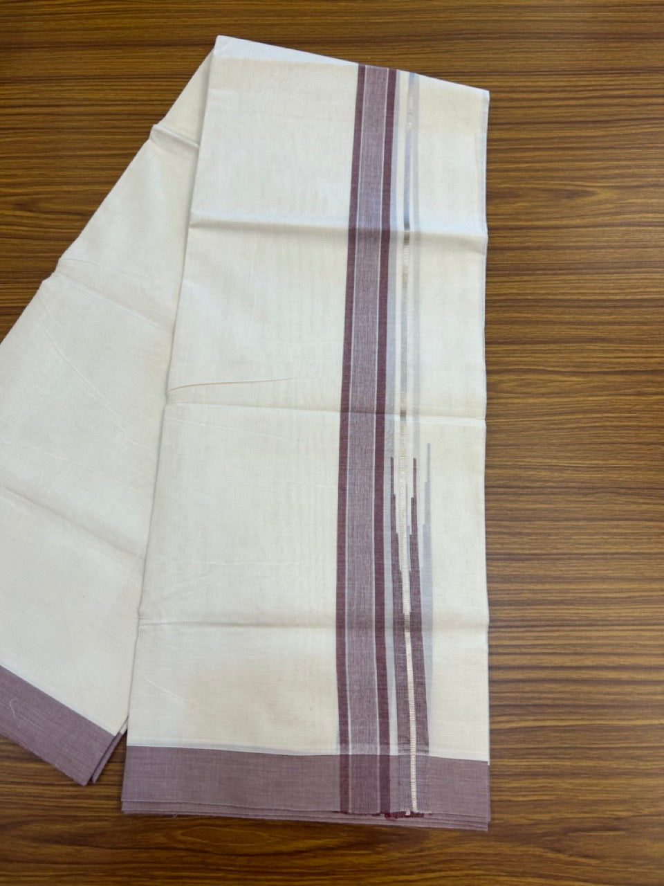 20% Discount ! Kaitharikada Balaramapuram 100% Pure Cotton Double Off white (Unbleached) Mundu/Dhoti - 100x80 - 1.25 inch Silver Kasav Light Maroon Shaded Stripes Chutty Kara 4 mtr (8.5 muzham) - 33 KK5283 PMC