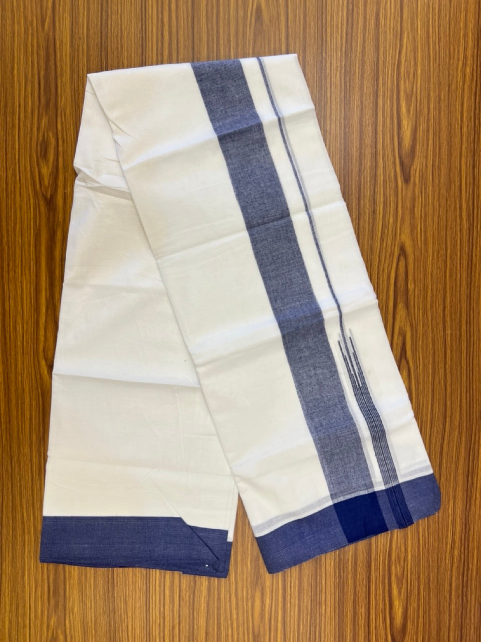 20% Discount! KaithariKada Balaramapuram 100% Cotton Double Pure white Mundu/Dhoti- 60s - 2.25 inch Navy Blue One Side Chutty kara - 3.90mtr ( 8 muzham) - 79 KK5279 CKS